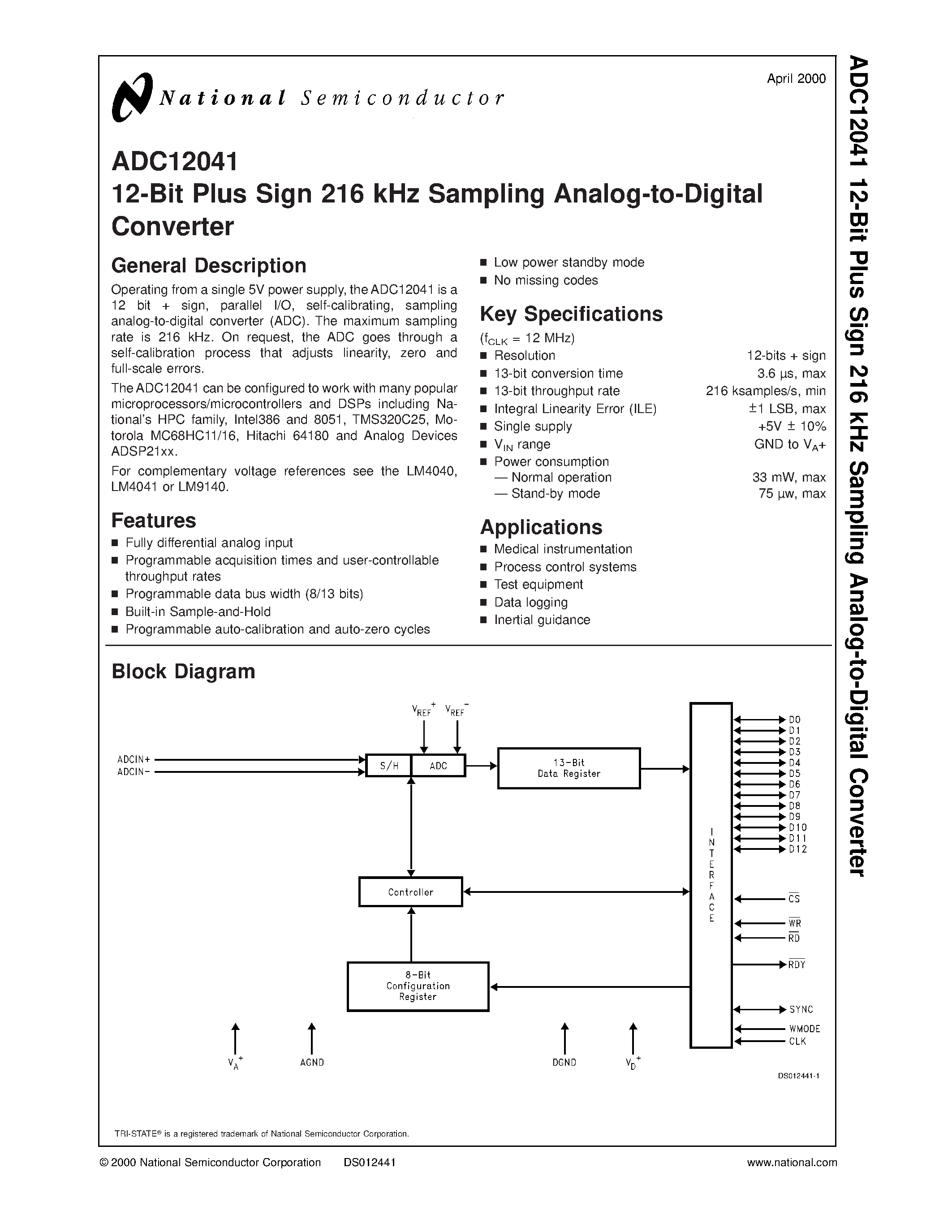 Datasheet ADC12041CIV - 12-Bit Plus Sign 216 kHz Sampling Analog-to-Digital Converter page 1