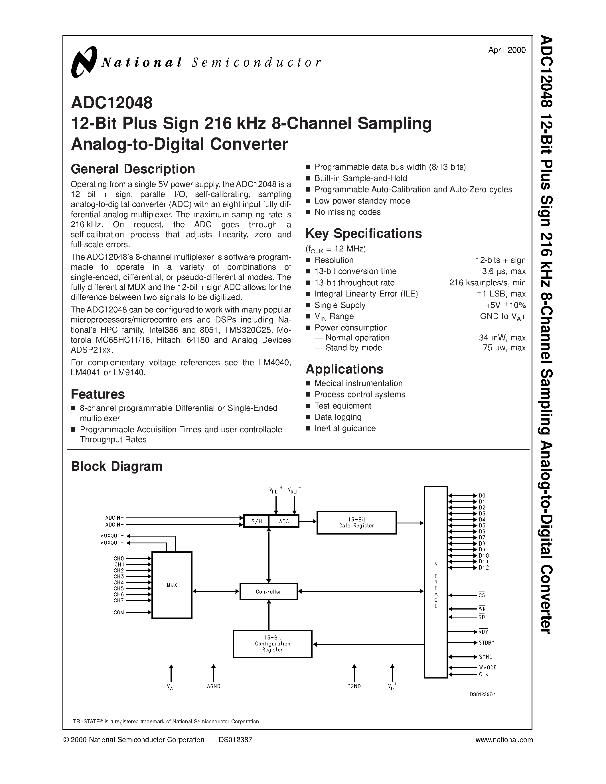 Datasheet ADC12048CIV - 12-Bit Plus Sign 216 kHz 8-Channel Sampling Analog-to-Digital Converter page 1