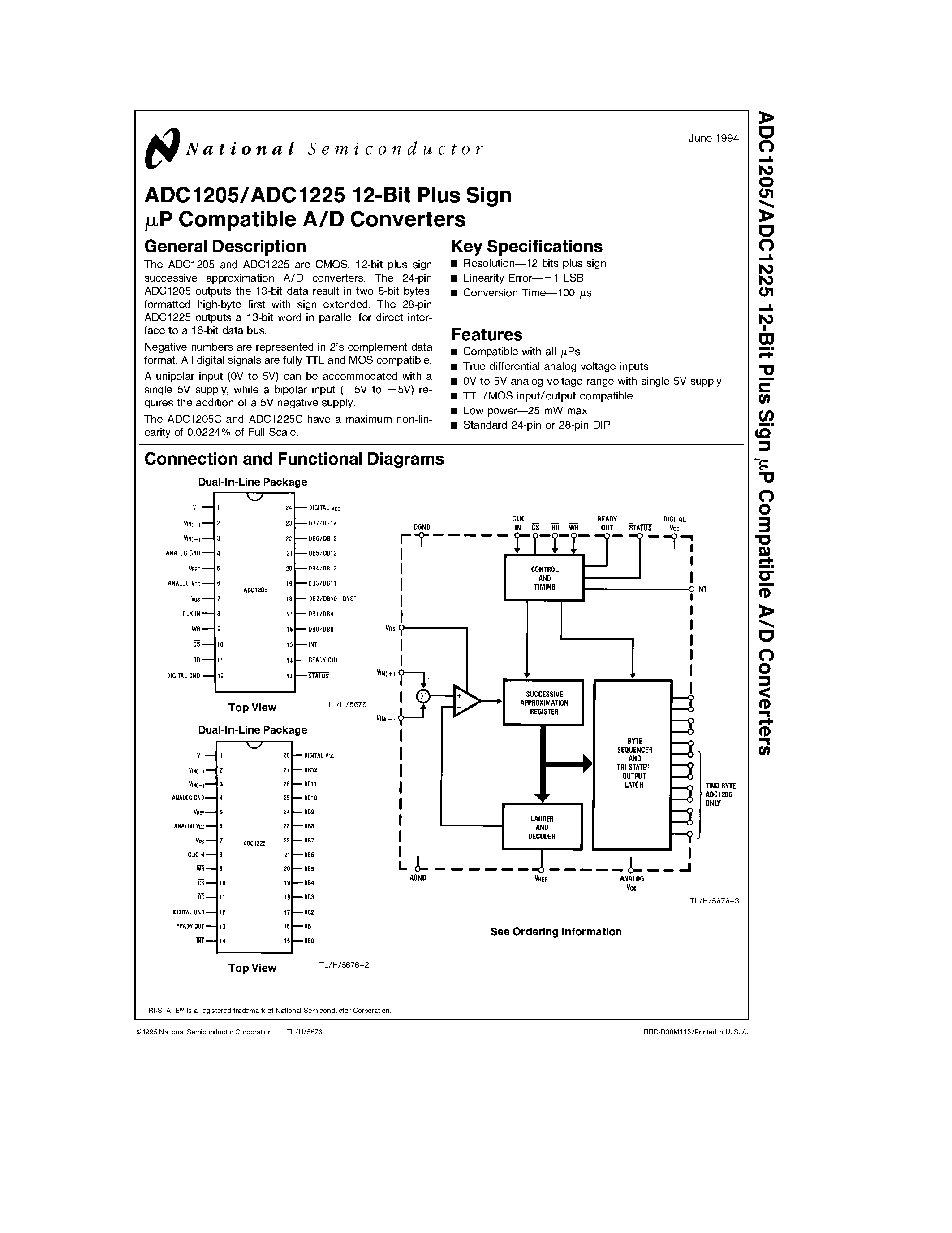 Datasheet ADC1205CCJ-1 - 12-Bit Plus Sign mP Compatible A/D Converters page 1