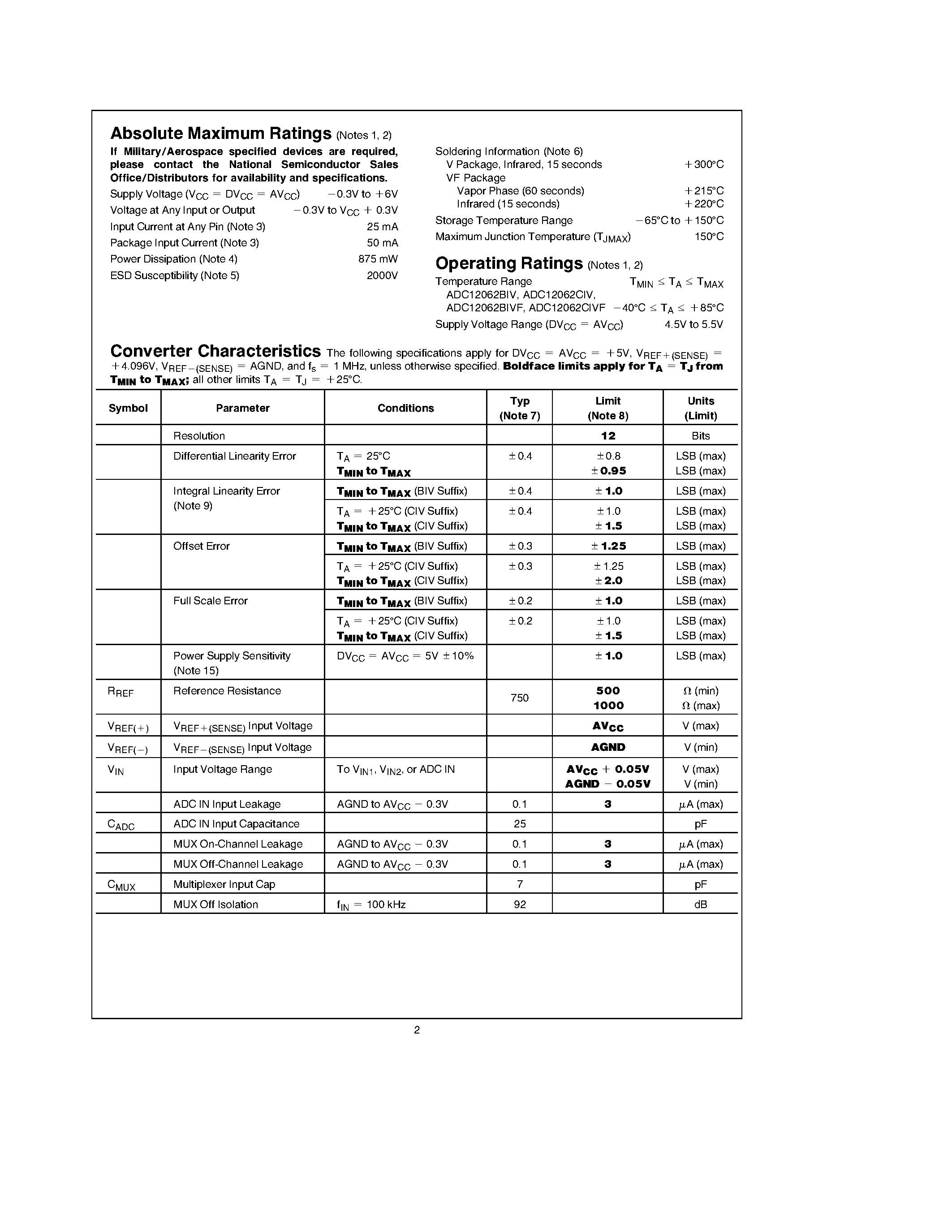 Datasheet ADC12062BIV page 2 Datasheet ADC12062BIV - 12-Bit/ 1 MHz/ 75 mW A/D Converter page 2