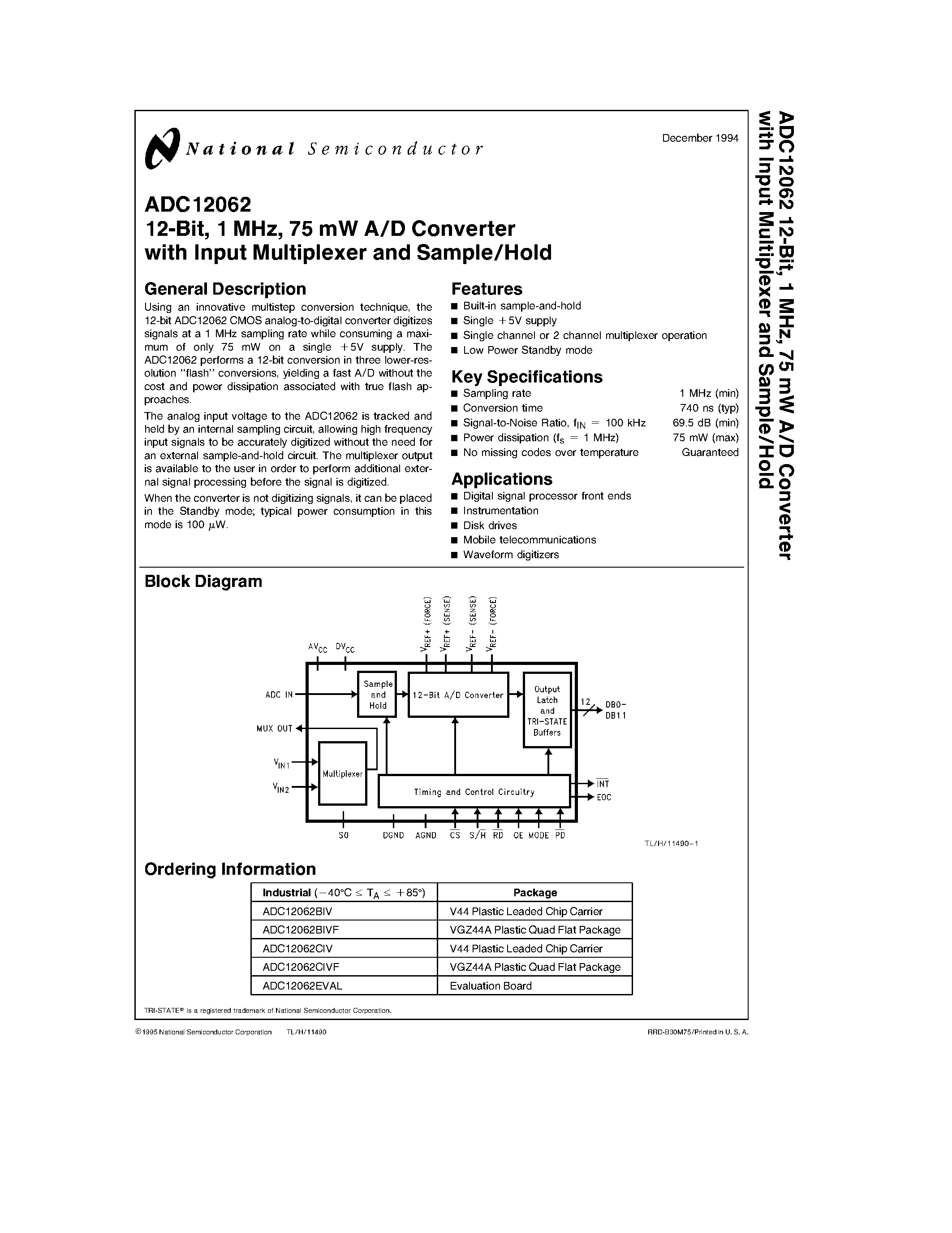 Datasheet ADC12062BIVF - 12-Bit/ 1 MHz/ 75 mW A/D Converter page 1