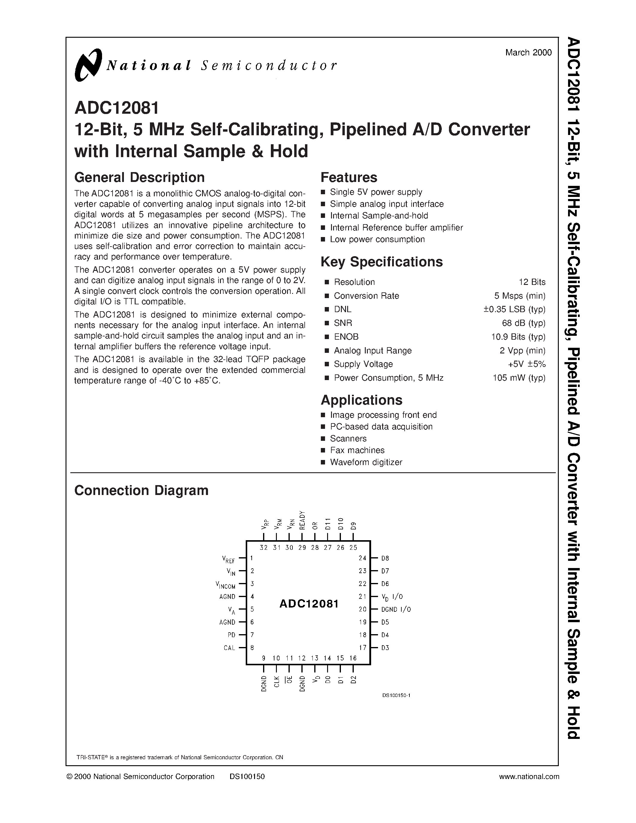 Datasheet ADC12081CIVT - 12-Bit/ 5 MHz Self-Calibrating/ Pipelined A/D Converter page 1