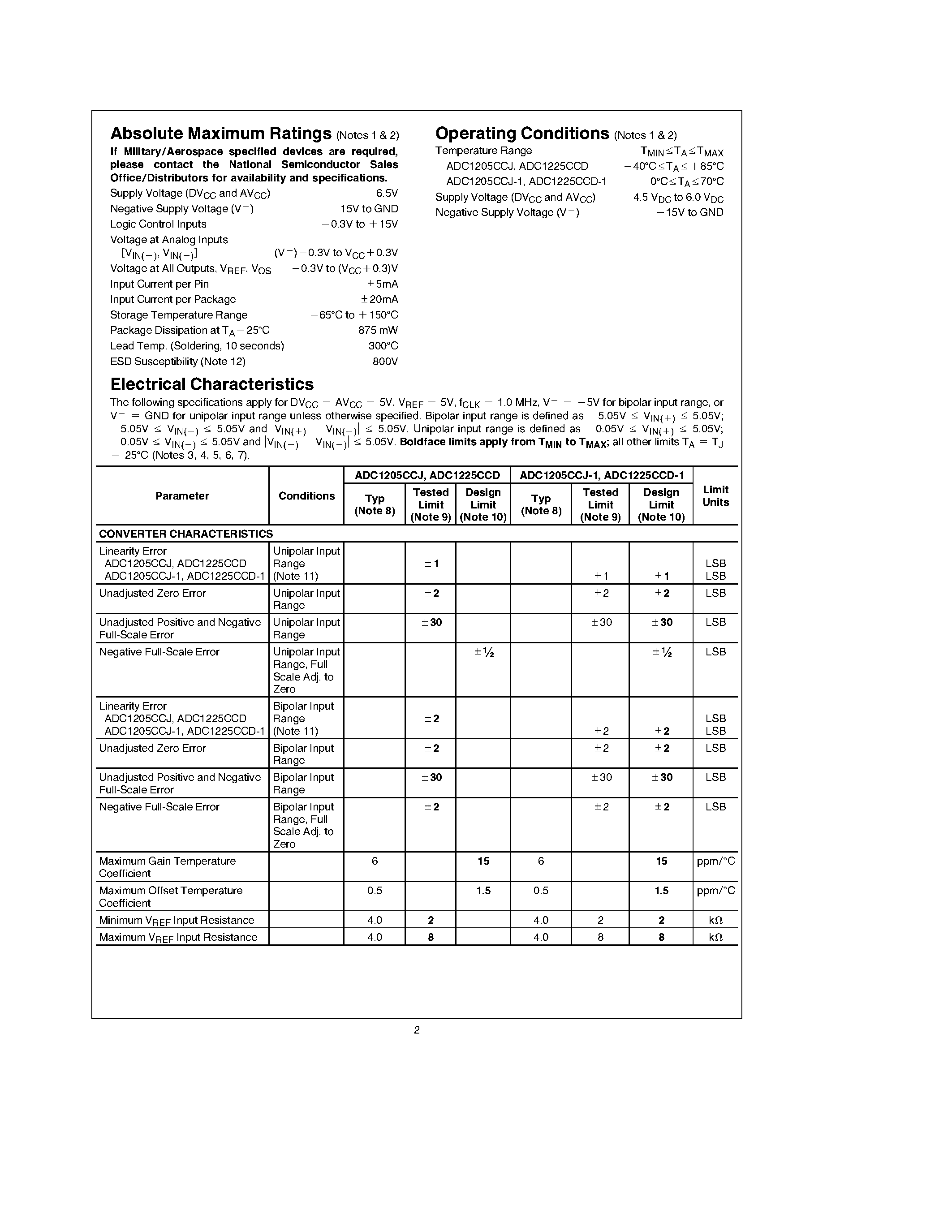 Datasheet ADC1225CCD - 12-Bit Plus Sign mP Compatible A/D Converters page 2
