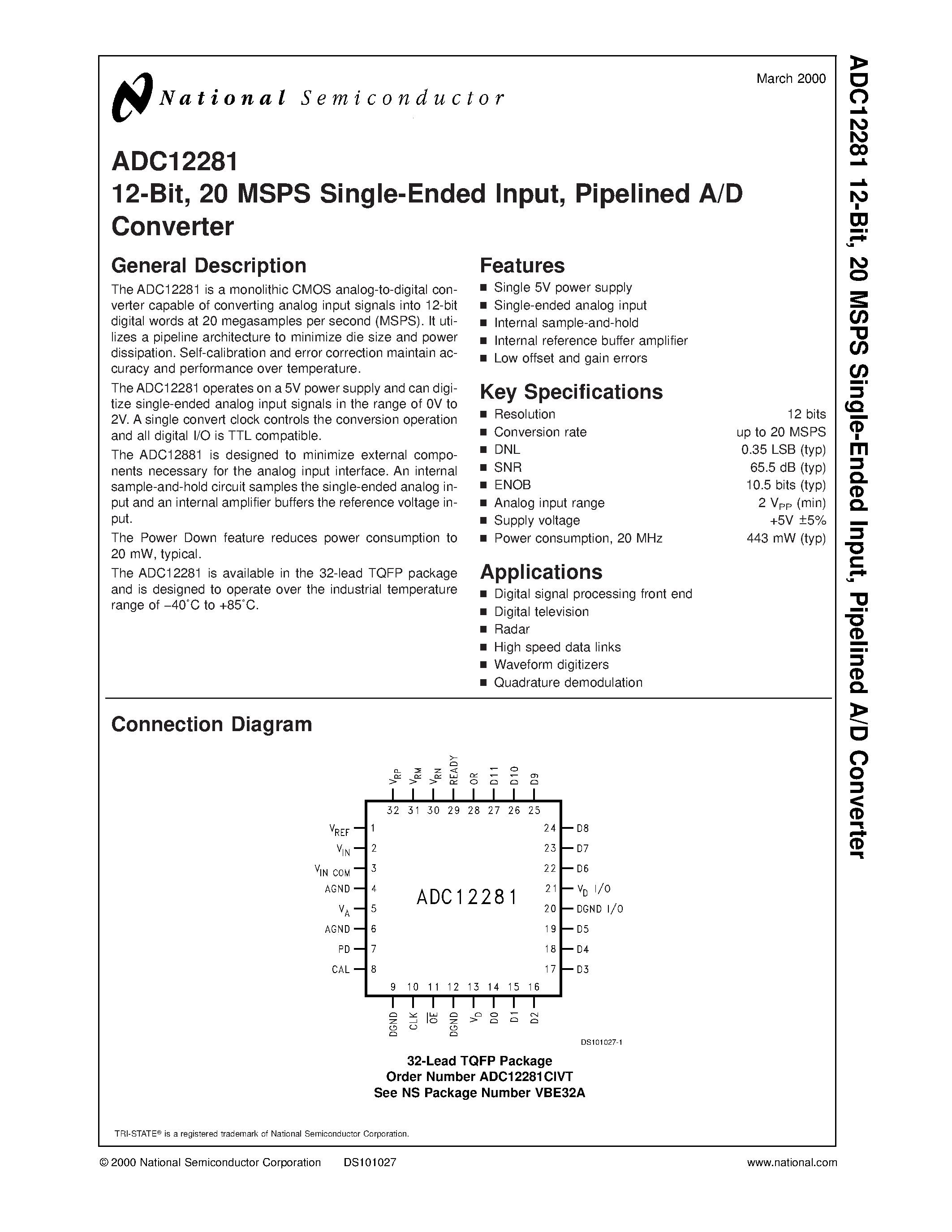 Datasheet ADC12281 - 12-Bit/ 20 MSPS Single-Ended Input/ Pipelined A/D Converter page 1