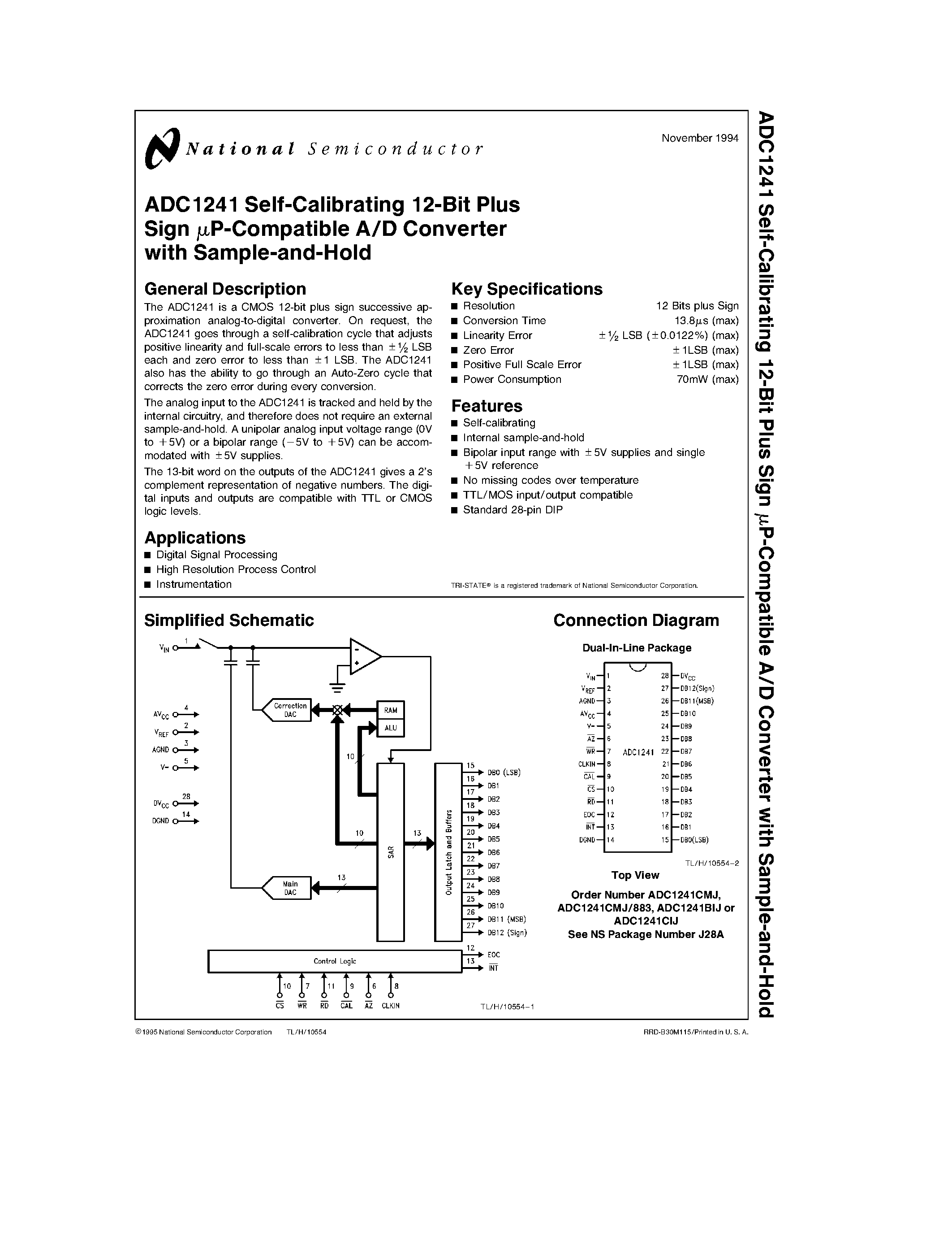 Datasheet ADC1241CIJ - Self-Calibrating 12-Bit Plus Sign mP-Compatible A/D Converter with Sample-and-Hold page 1