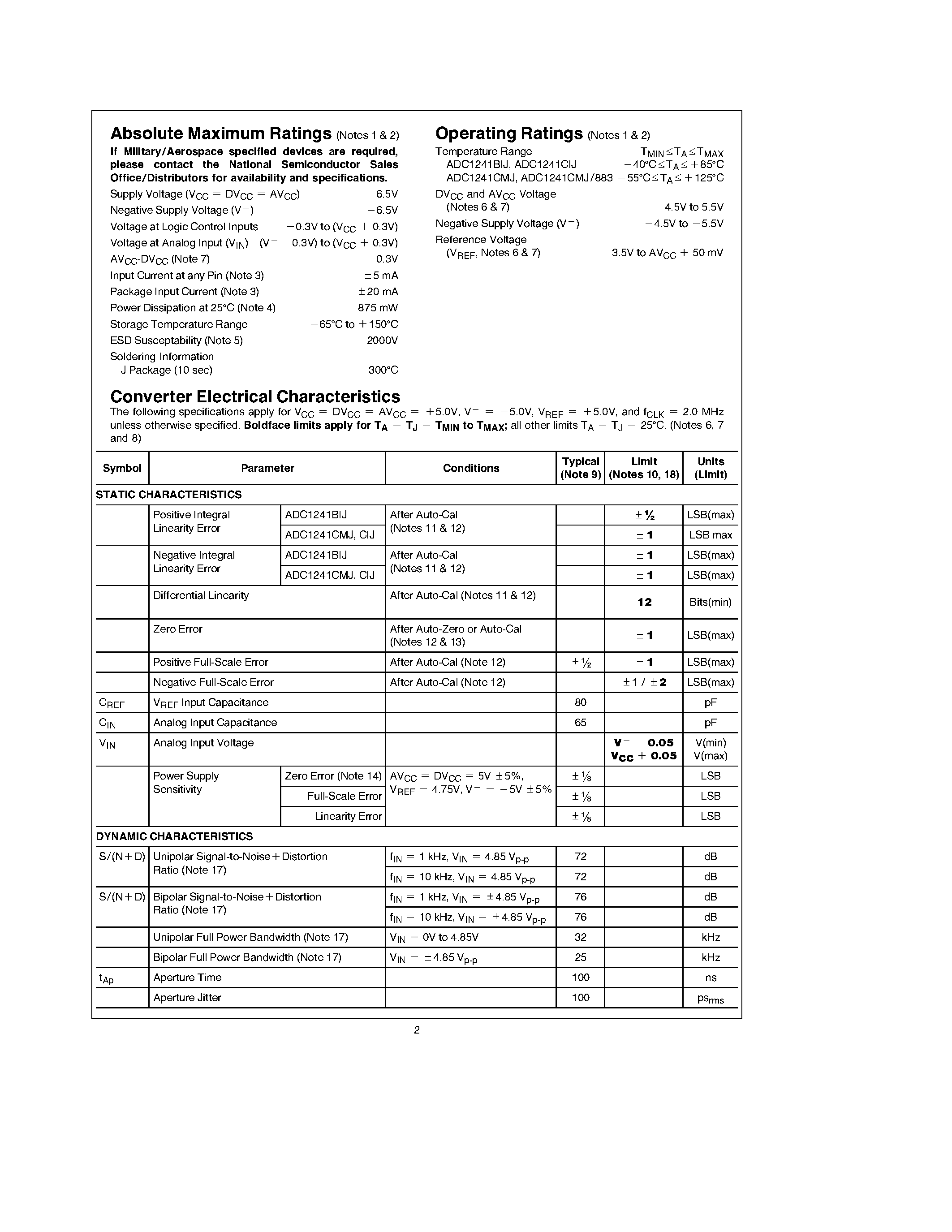 Datasheet ADC1241CIJ - Self-Calibrating 12-Bit Plus Sign mP-Compatible A/D Converter with Sample-and-Hold page 2