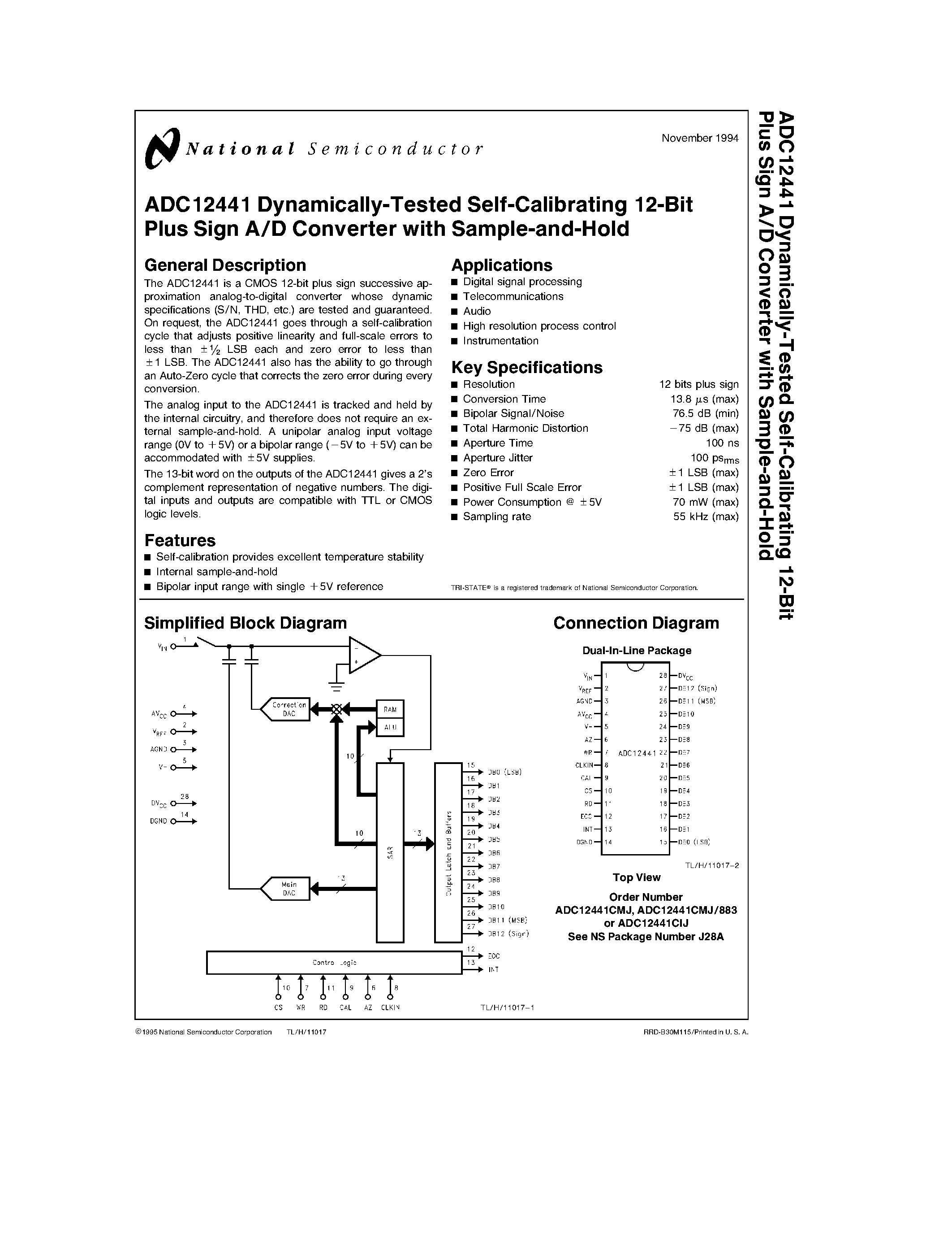 Datasheet ADC12441883 - Dynamically-Tested Self-Calibrating 12-Bit Plus Sign A/D Converter with Sample-and-Hold page 1