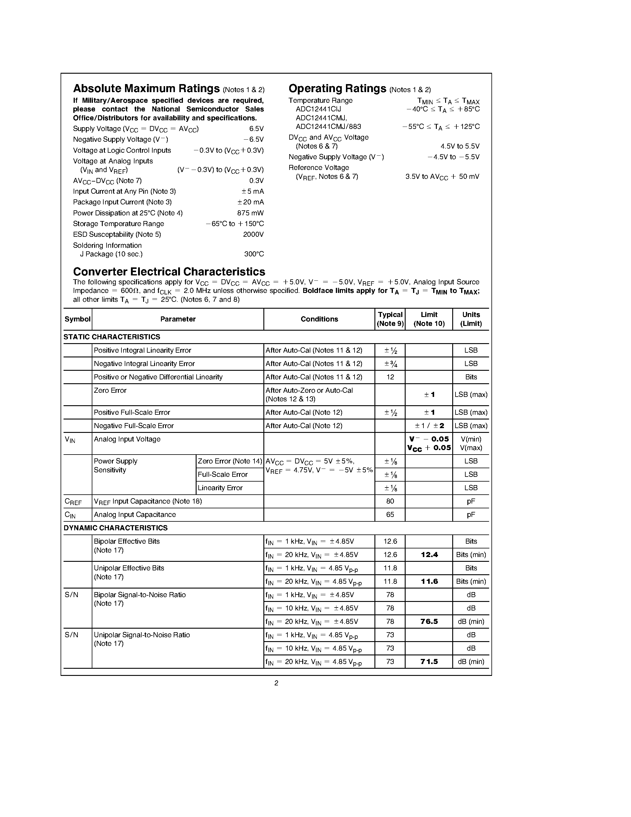 Datasheet ADC12441CIJ - Dynamically-Tested Self-Calibrating 12-Bit Plus Sign A/D Converter with Sample-and-Hold page 2