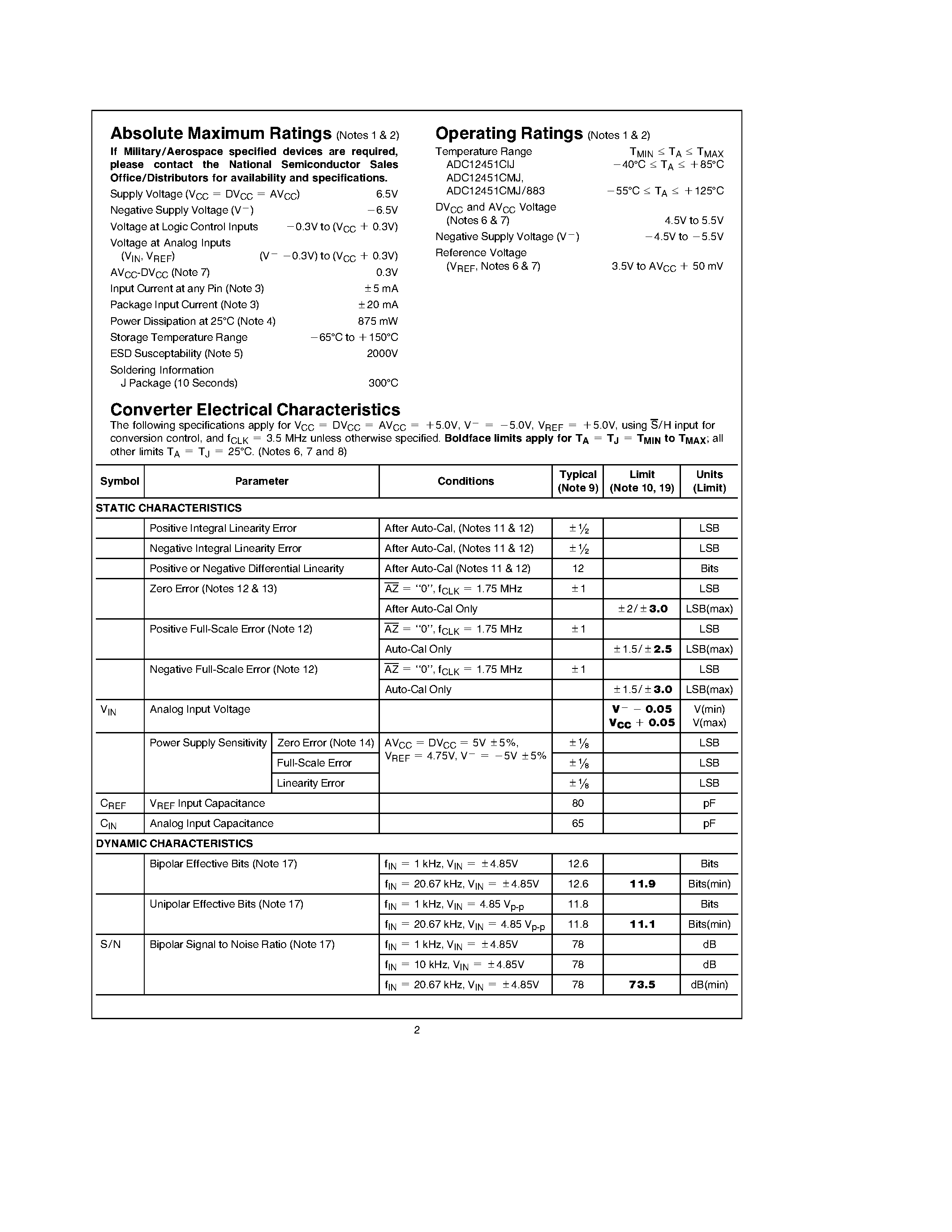 Datasheet ADC12451 - Dynamically-Tested Self-Calibrating 12-Bit Plus Sign A/D Converter with Sample-and-Hold page 2