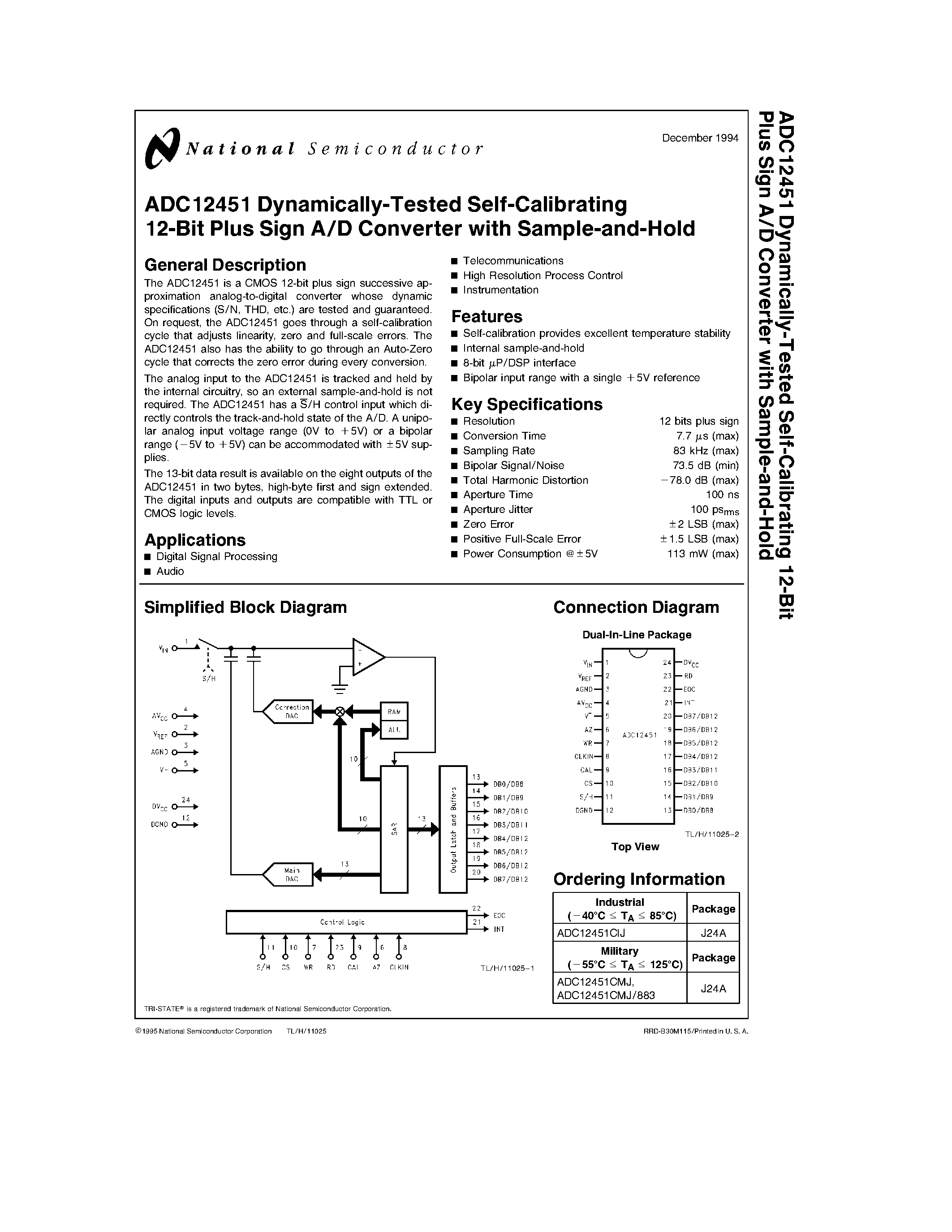 Datasheet ADC12451CIJ - Dynamically-Tested Self-Calibrating 12-Bit Plus Sign A/D Converter with Sample-and-Hold page 1