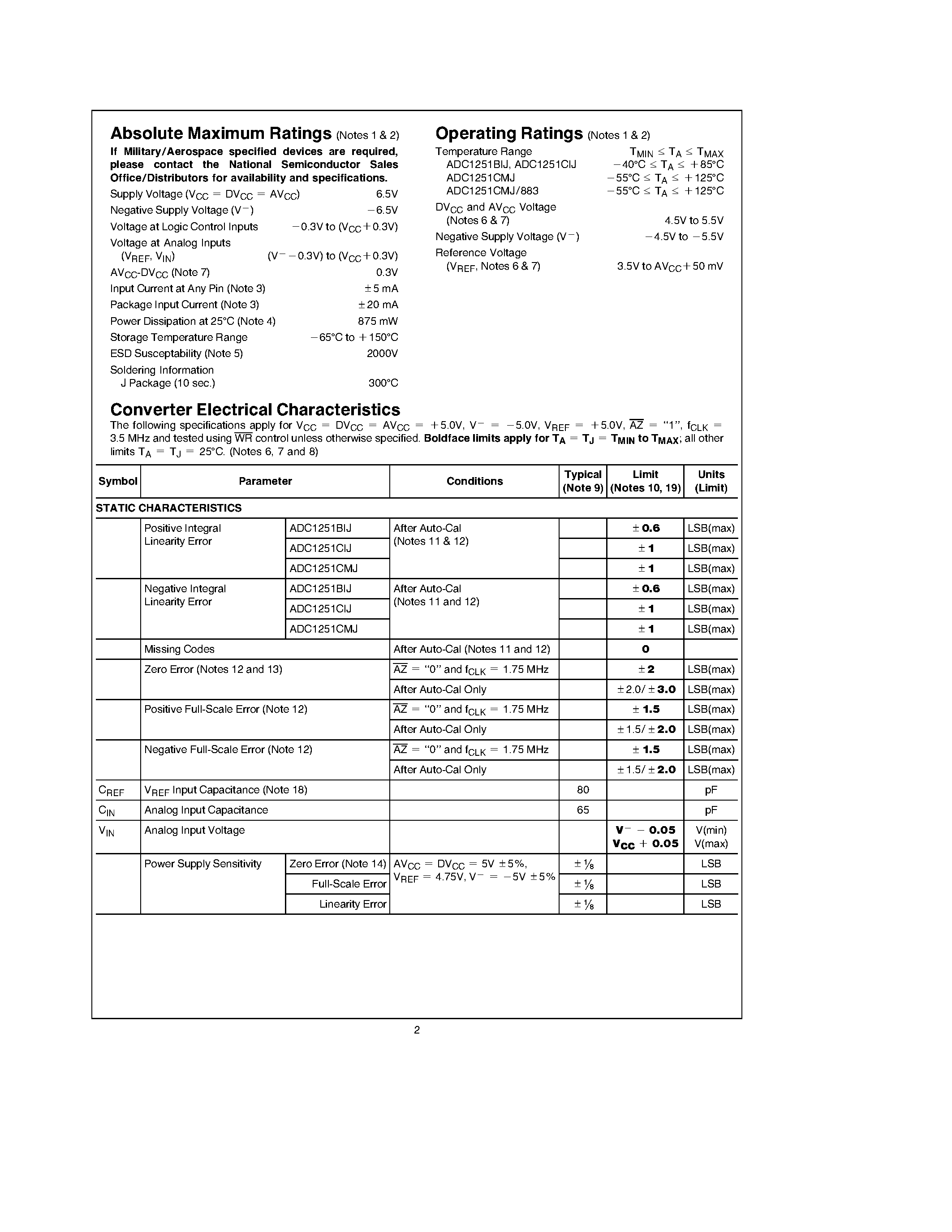 Datasheet ADC1251BIJ - Self-Calibrating 12-Bit Plus Sign A/D Converter with Sample-and-Hold page 2