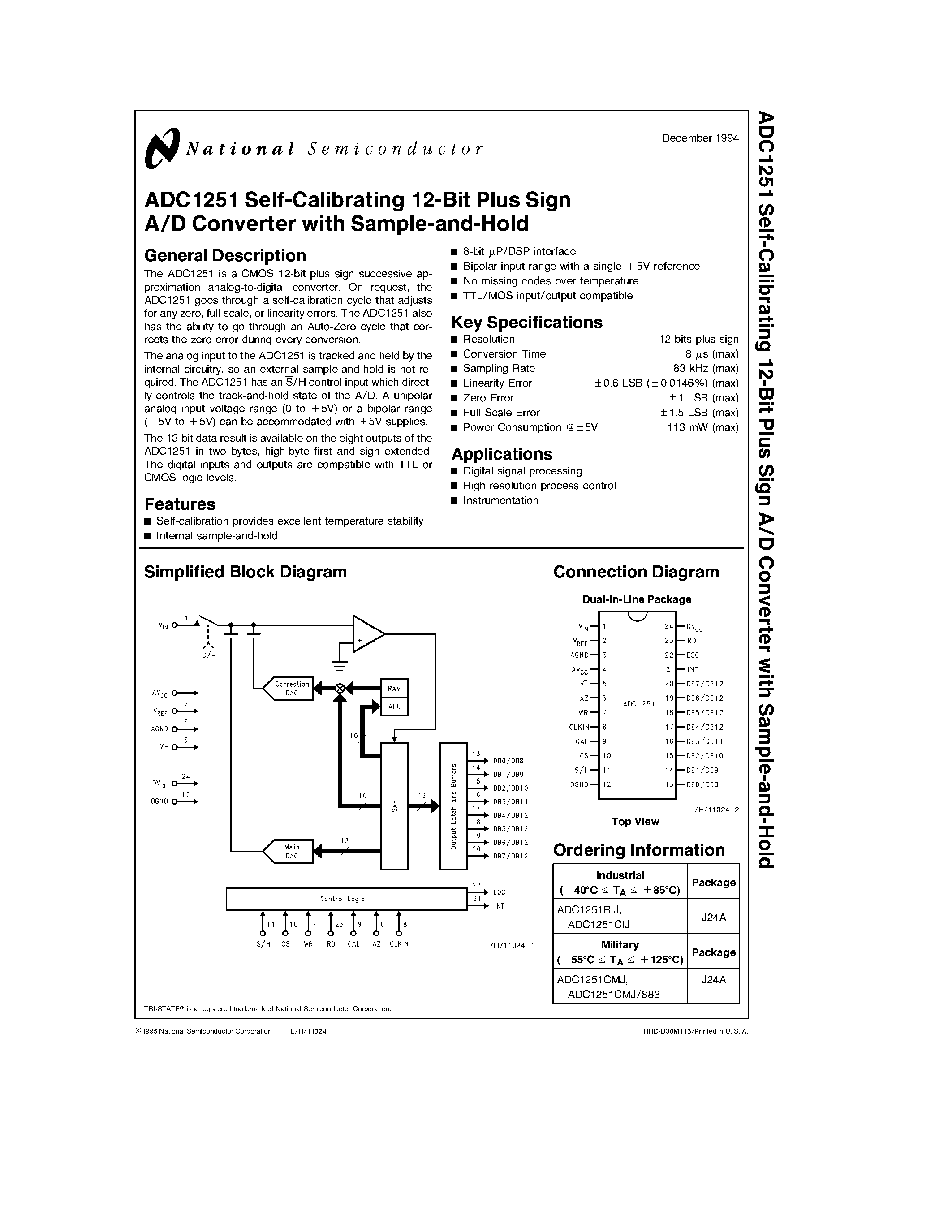 Datasheet ADC1251CIJ - Self-Calibrating 12-Bit Plus Sign A/D Converter with Sample-and-Hold page 1