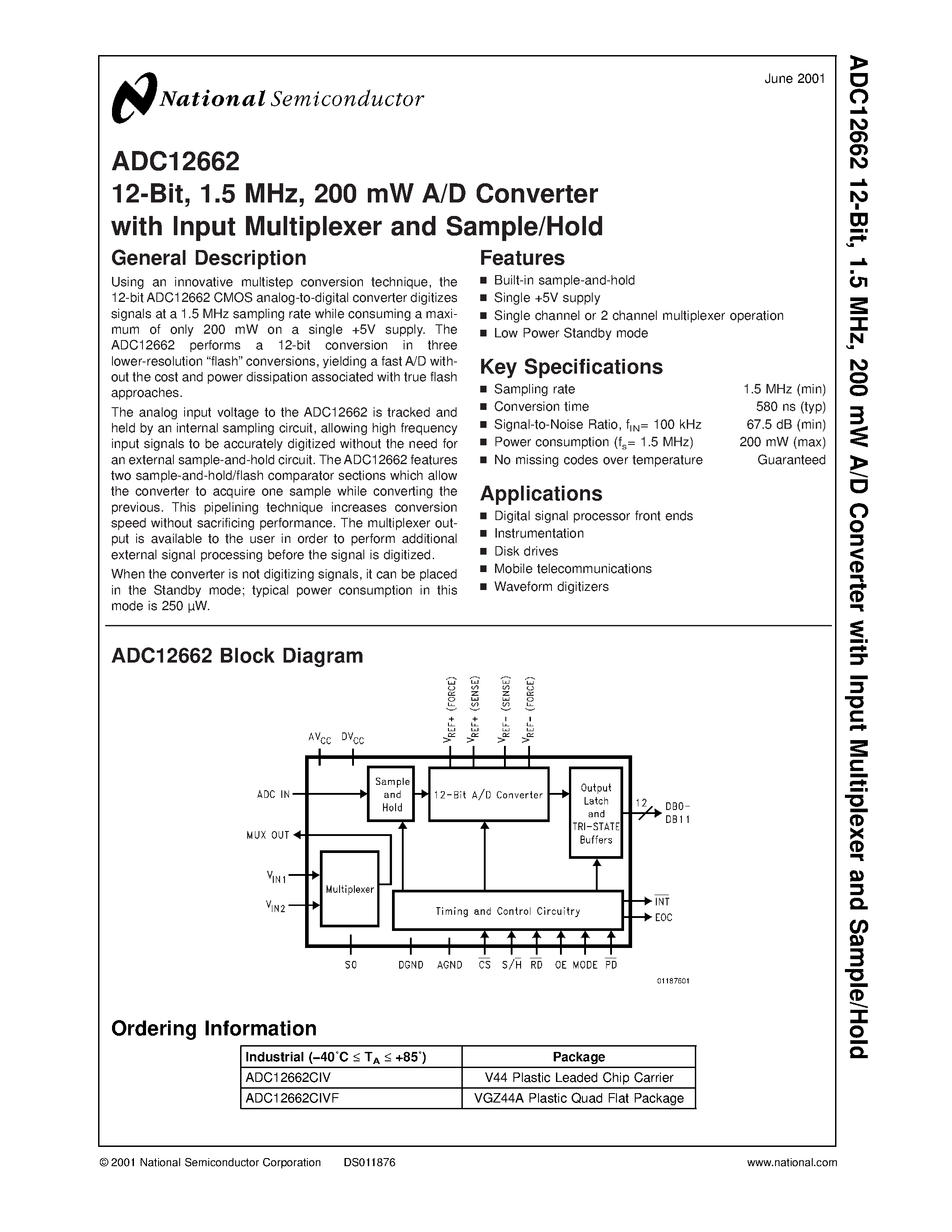 Datasheet ADC12662CIV - 12-Bit/ 1.5 MHz/ 200 mW A/D Converter with Input Multiplexer and Sample/Hold page 1
