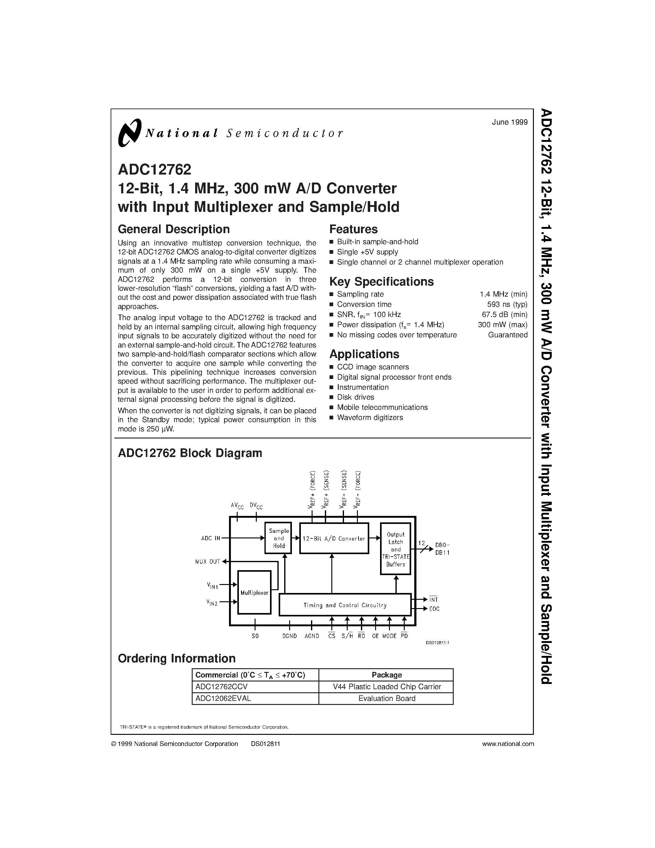 Datasheet ADC12762CCV - 12-Bit/ 1.4 MHz/ 300 mW A/D Converter with Input Multiplexer and Sample/Hold page 1