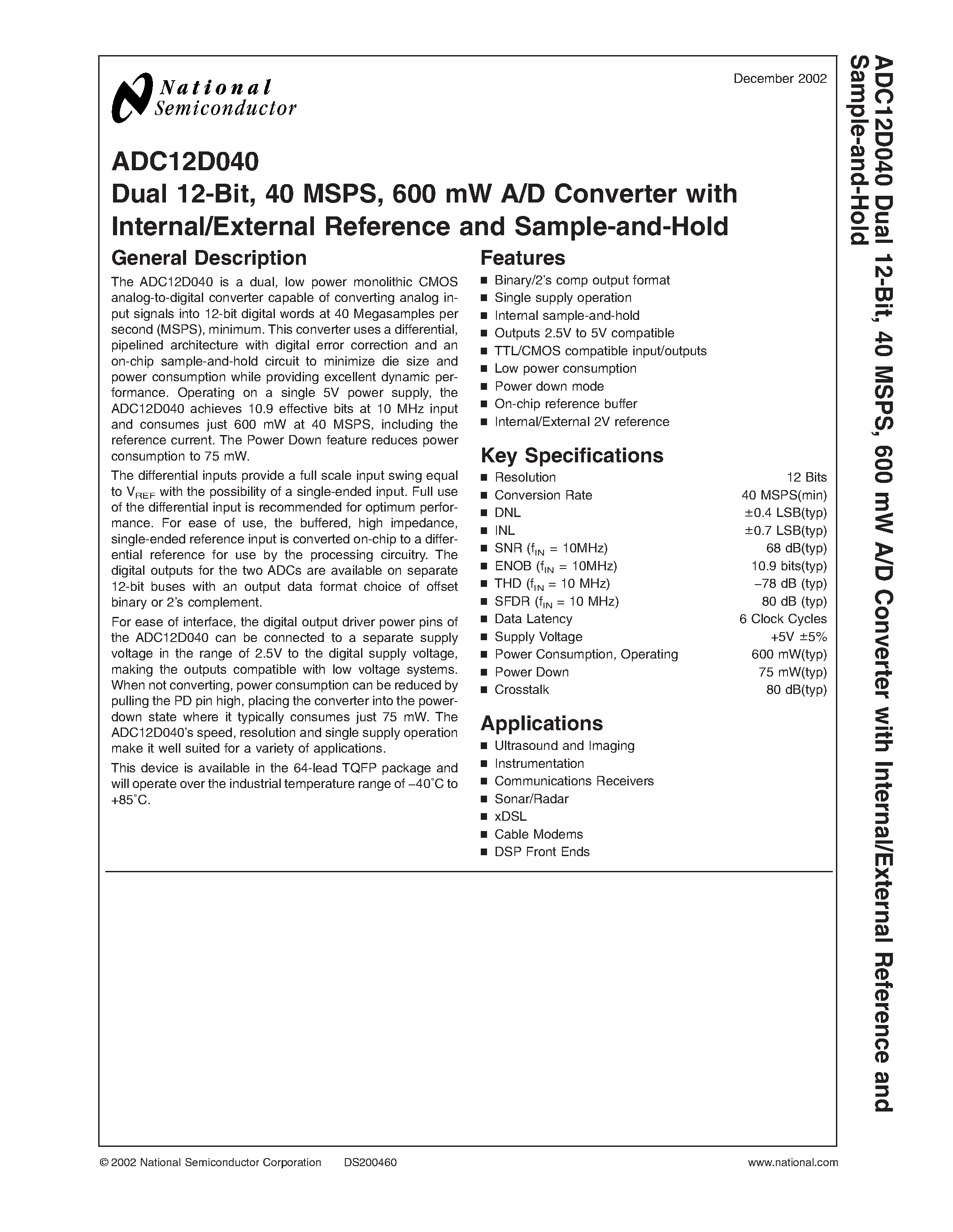 Datasheet ADC12D040CIVSX - Dual 12-Bit/ 40 MSPS/ 600 mW A/D Converter with Internal/External Reference and Sample-and-Hold page 1