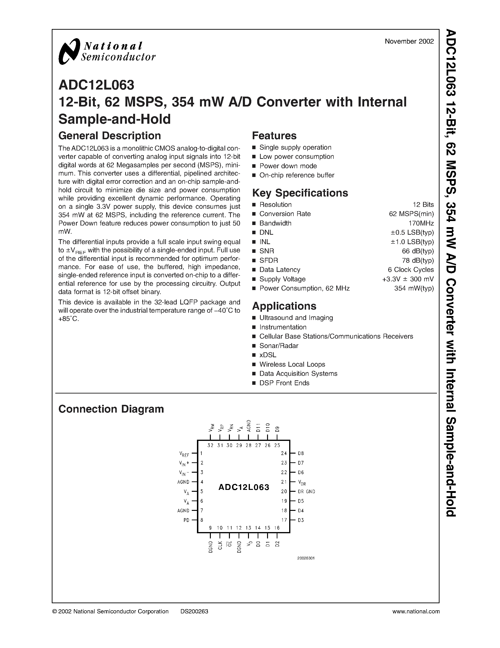 Datasheet ADC12L063EVAL - 12-Bit/ 62 MSPS/ 354 mW A/D Converter with Internal Sample-and-Hold page 1