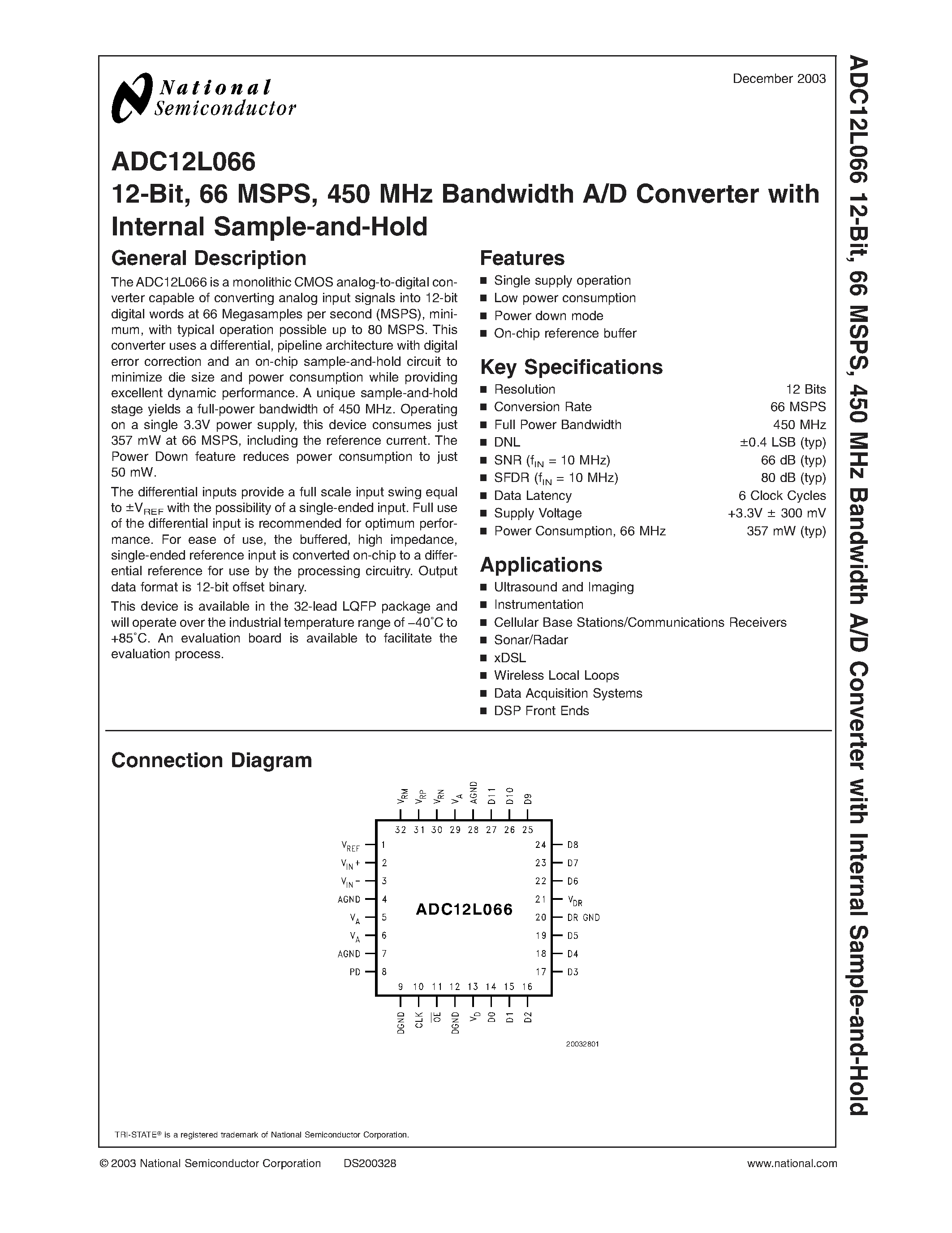 Datasheet ADC12L066 - 12-Bit/ 66 MSPS/ 450 MHz Bandwidth A/D Converter with Internal Sample-and-Hold page 1