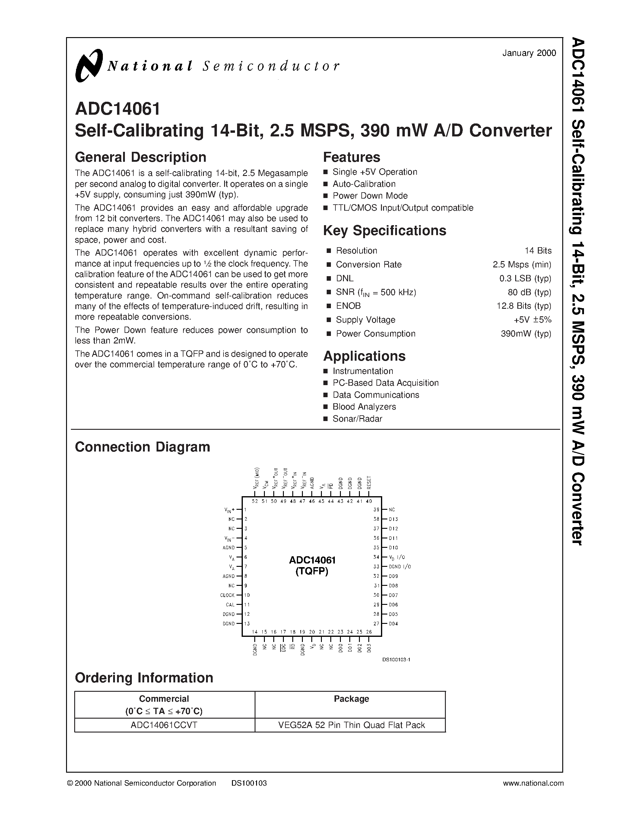 Datasheet ADC14061CCVT - Self-Calibrating 14-Bit/ 2.5 MSPS/ 390 mW A/D Converter page 1