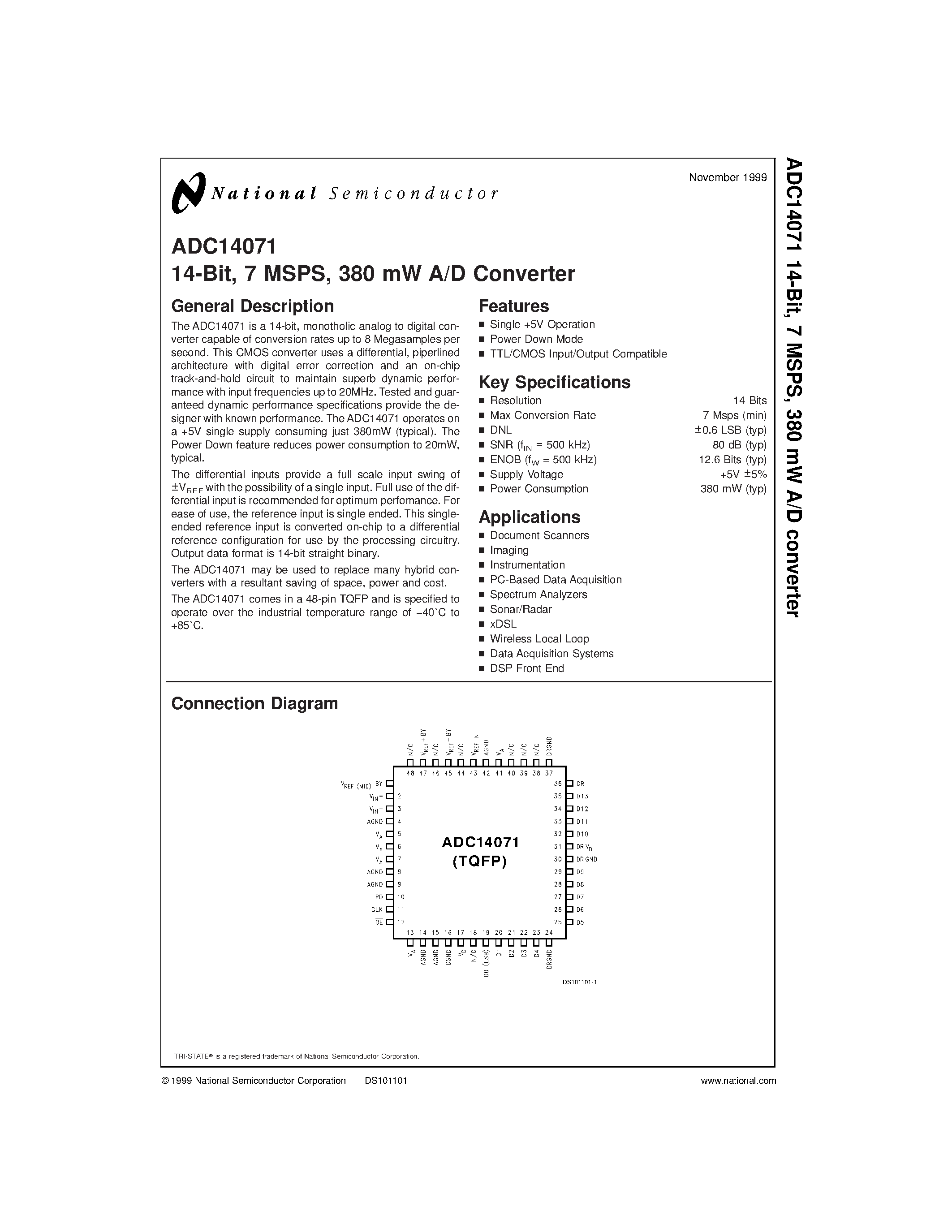 Datasheet ADC14071CIVBH - 14-Bit/ 7 MSPS/ 380 mW A/D Converter page 1