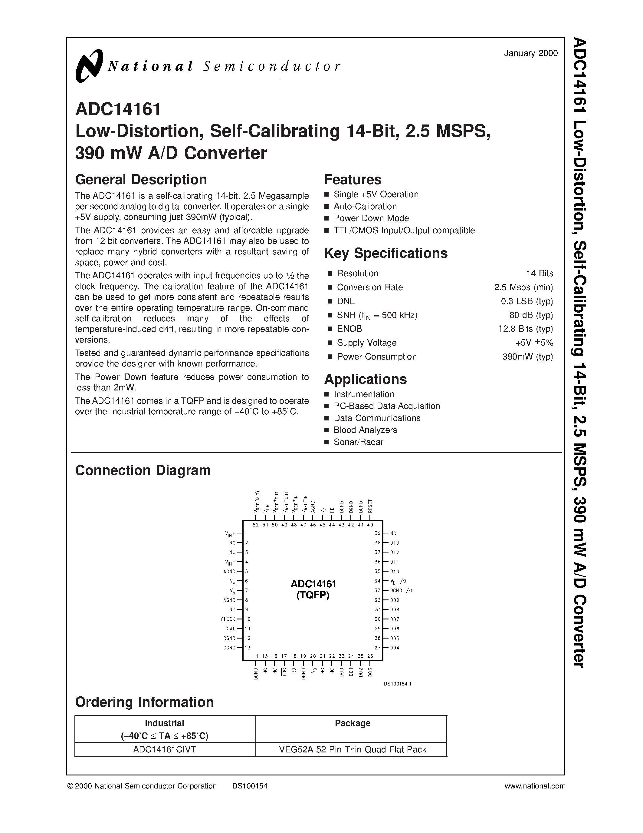 Datasheet ADC14161CIVT - Low-Distortion/ Self-Calibrating 14-Bit/ 2.5 MSPS/ 390 mW A/D Converter page 1
