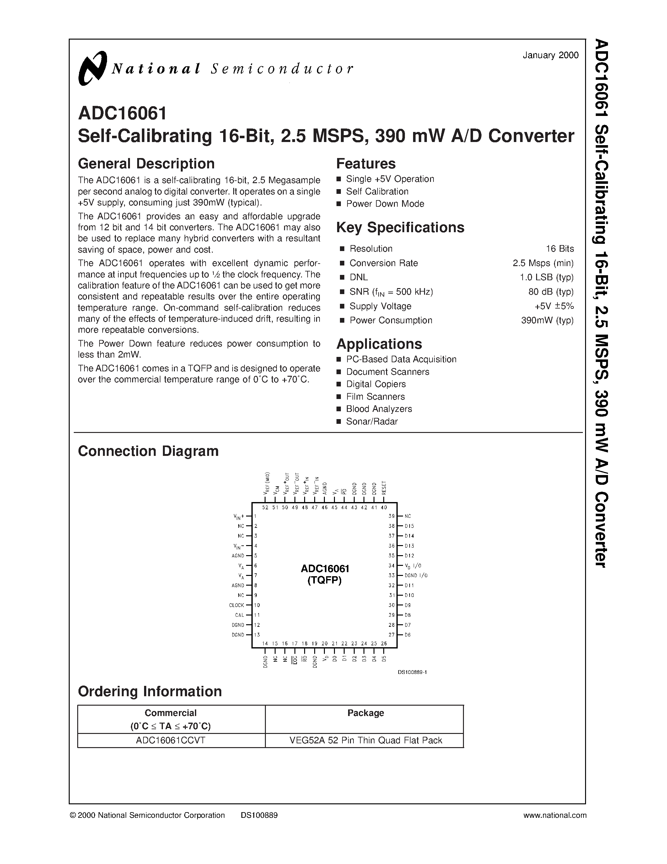 Datasheet ADC16061 - Self-Calibrating 16-Bit/ 2.5 MSPS/ 390 mW A/D Converter page 1