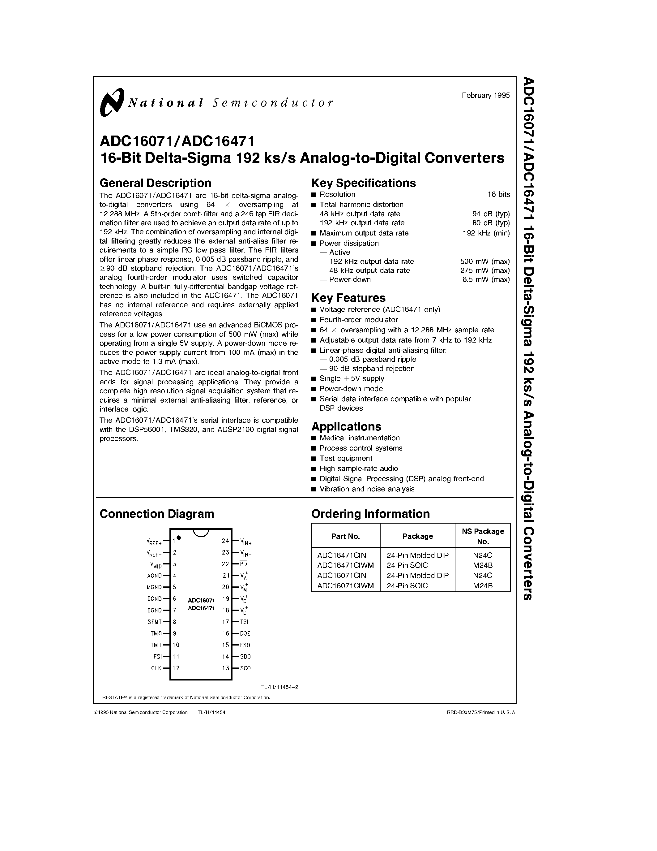 Datasheet ADC16471 page 1 Datasheet ADC16471 - 16-Bit Delta-Sigma 192 ks/s Analog-to-Digital Converters page 1