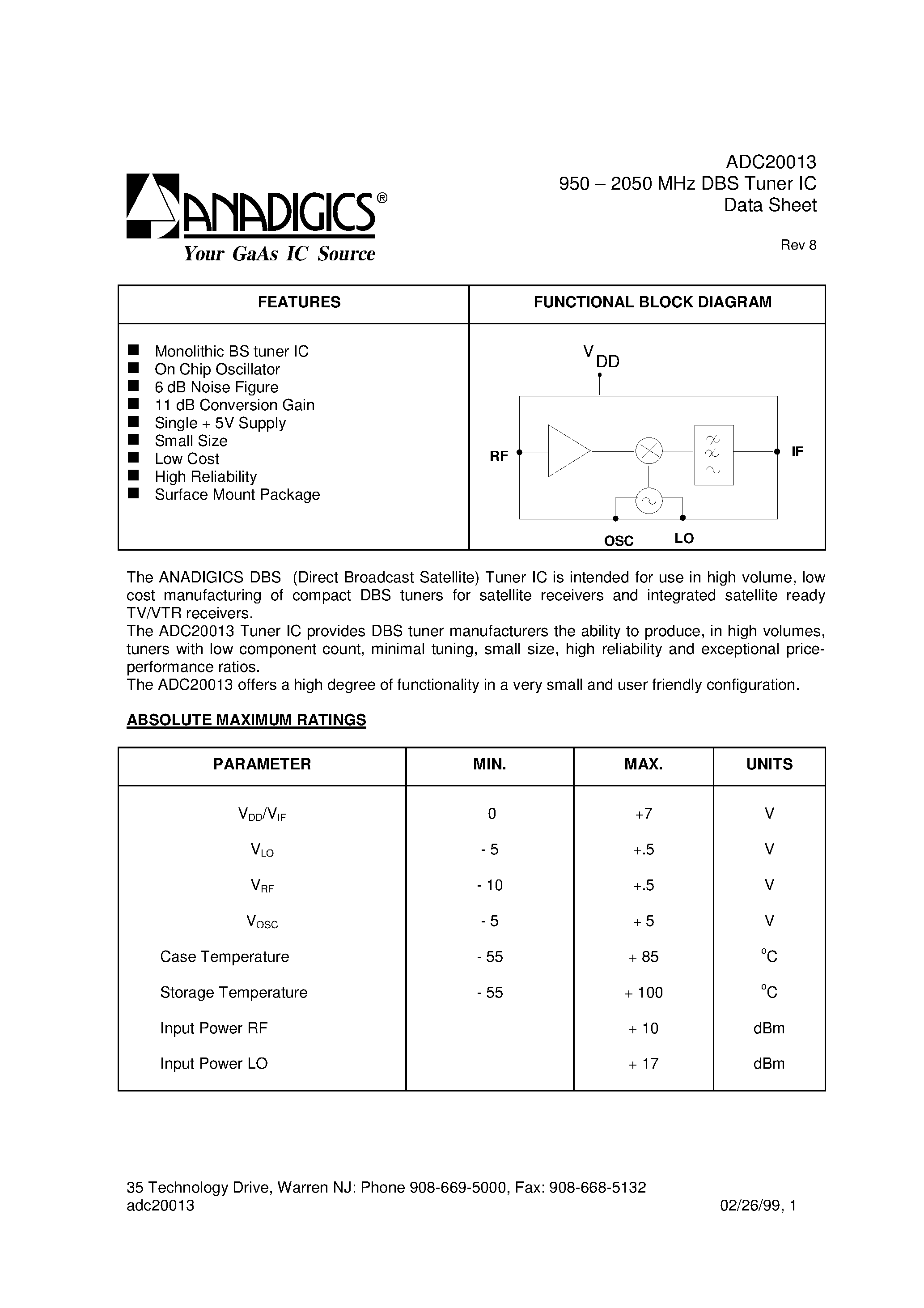 Datasheet ADC20013 - 950 - 2050 MHz DBS Tuner IC page 1