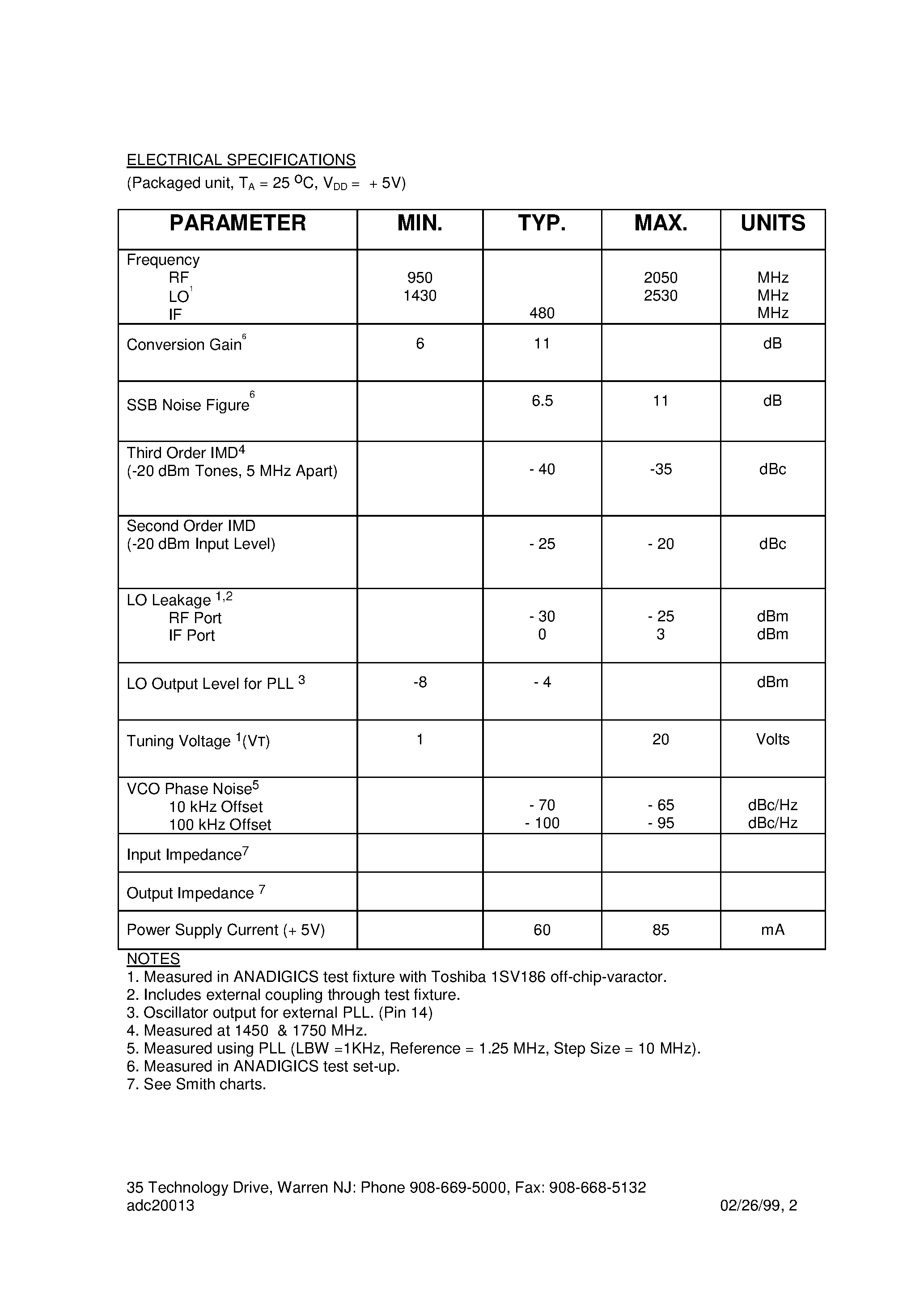 Datasheet ADC20013 - 950 - 2050 MHz DBS Tuner IC page 2