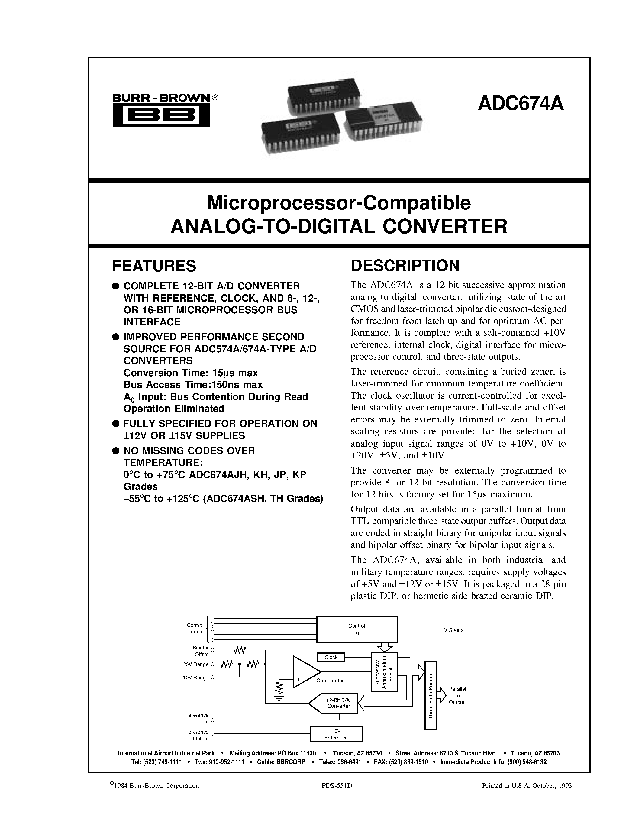 Datasheet ADC674AKH - Microprocessor-Compatible ANALOG-TO-DIGITAL CONVERTER page 1
