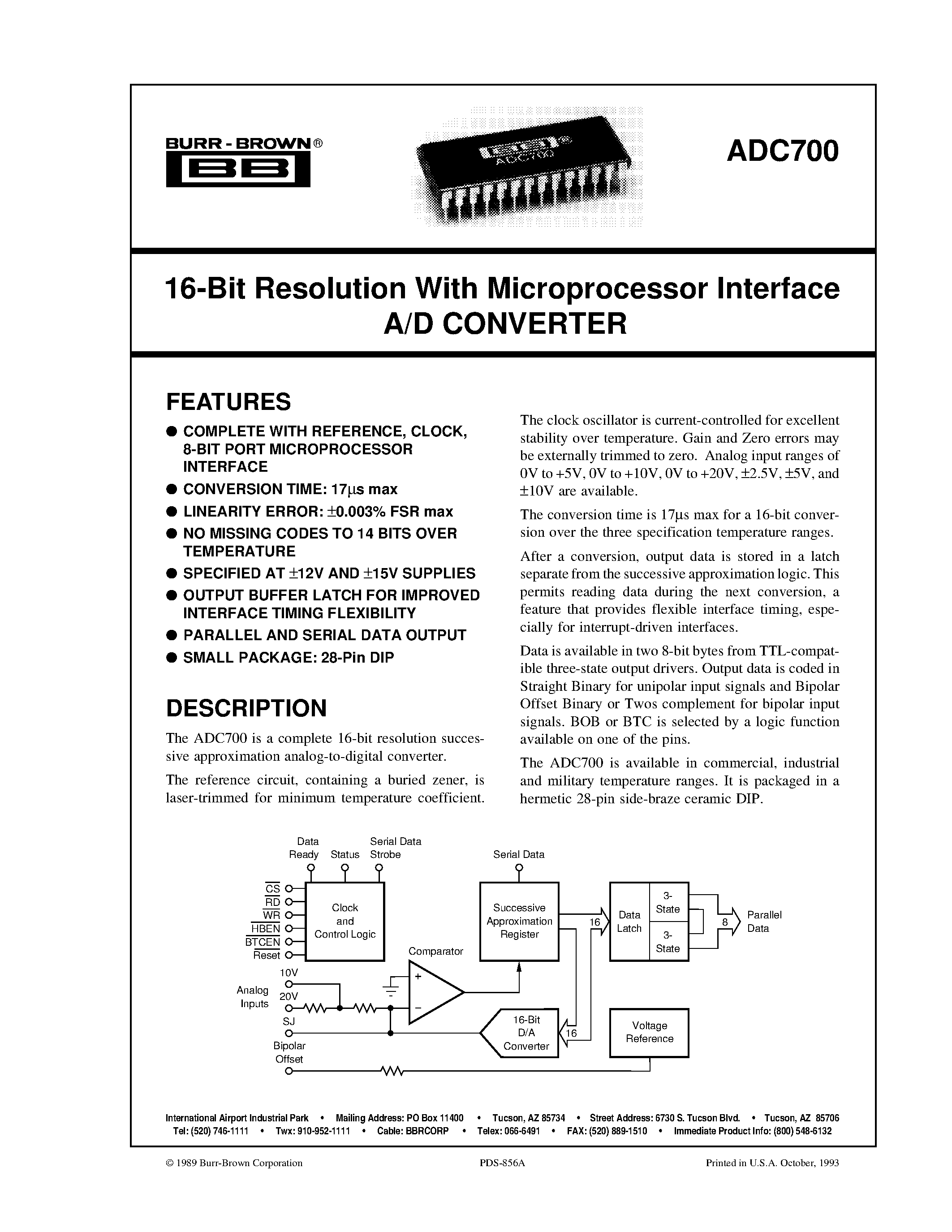 Datasheet ADC700AH - 16-Bit Resolution With Microprocessor Interface A/D CONVERTER page 1