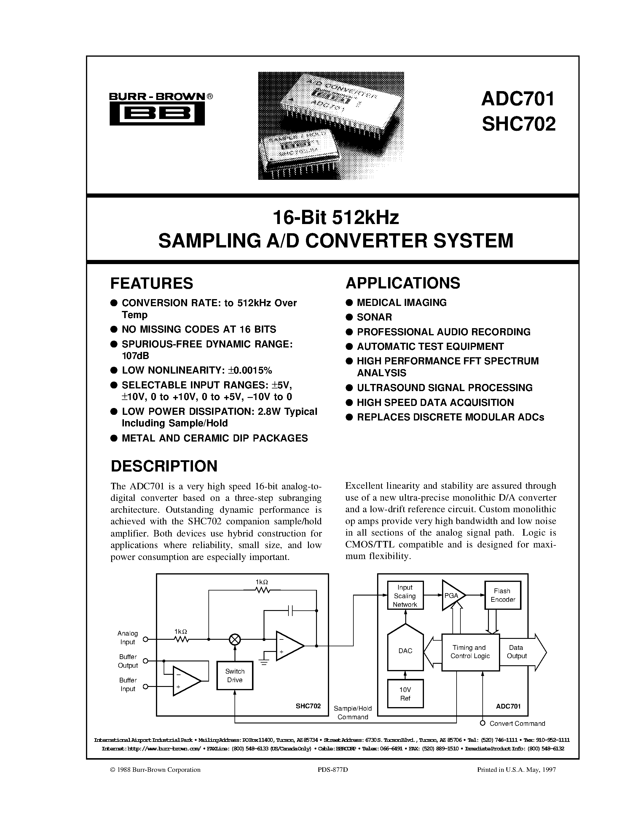 Datasheet ADC701 - 16-Bit 512kHz SAMPLING A/D CONVERTER SYSTEM page 1