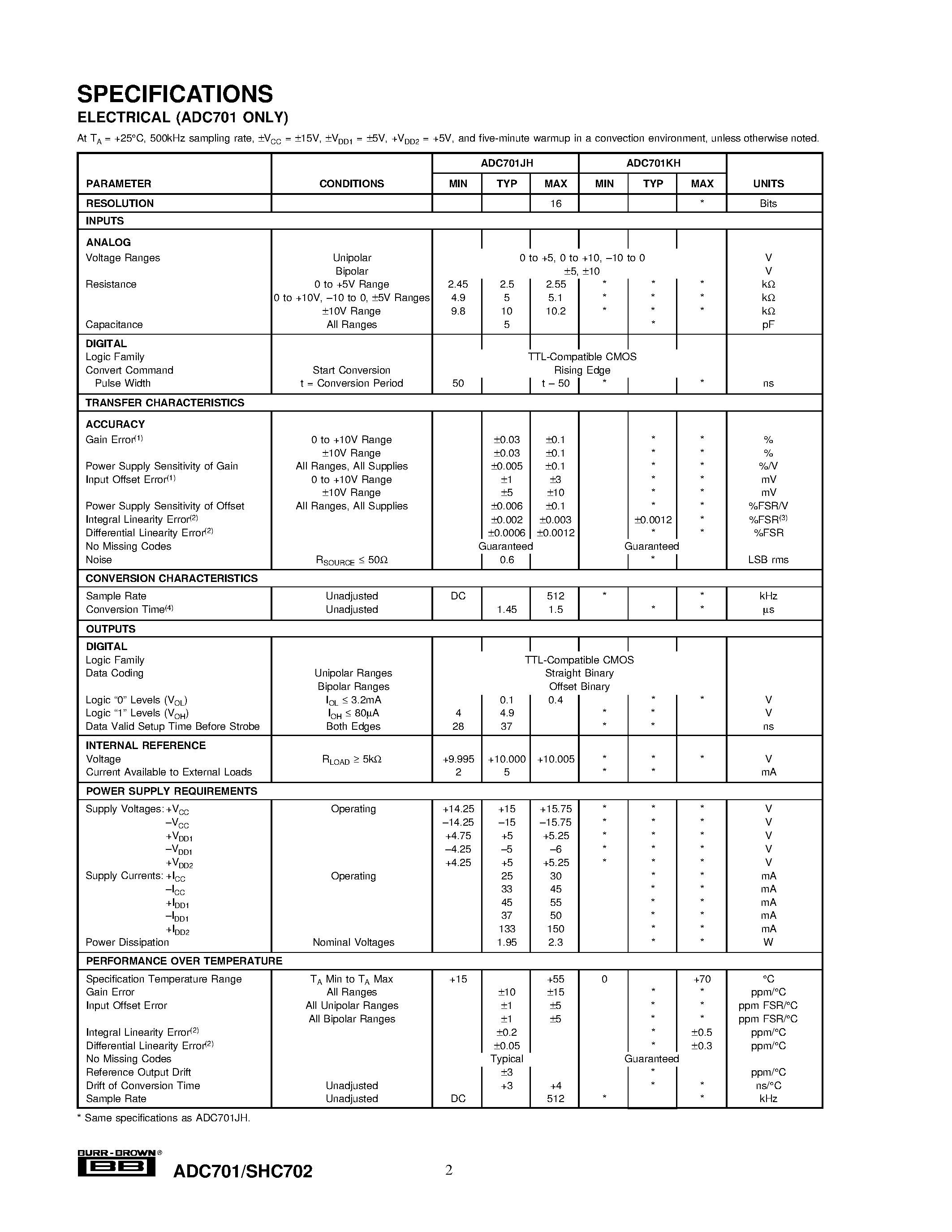 Datasheet ADC701 - 16-Bit 512kHz SAMPLING A/D CONVERTER SYSTEM page 2