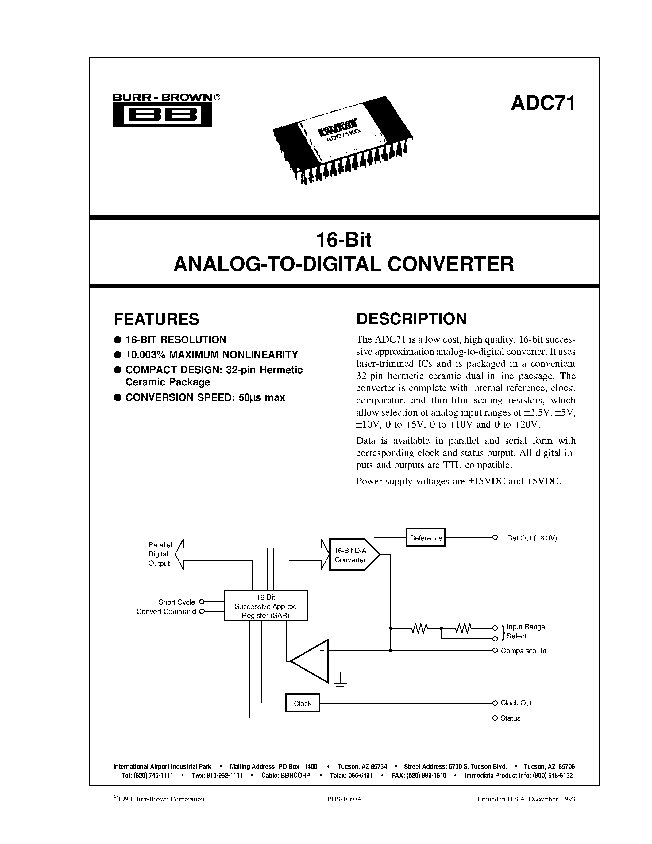 Datasheet ADC71 - 16-Bit ANALOG-TO-DIGITAL CONVERTER page 1