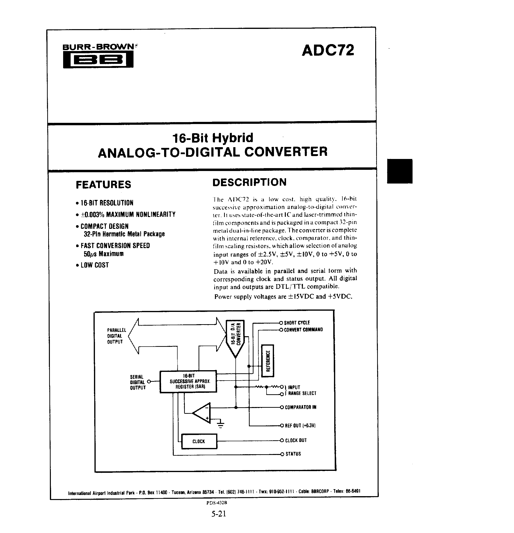 Datasheet ADC72 - 16 BIT HYBRID ANALOG TO DIGITAL CONVERTER page 1