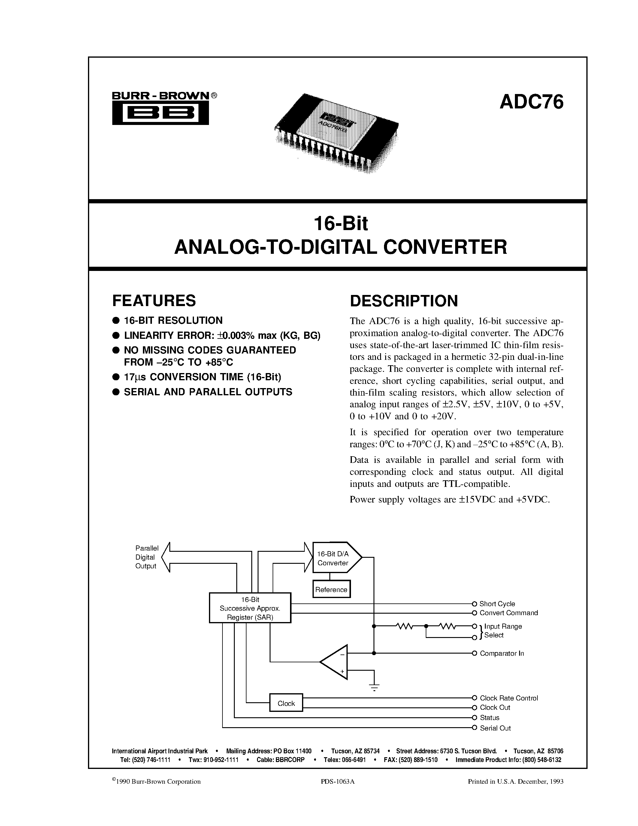 Datasheet ADC76 - 16-Bit ANALOG-TO-DIGITAL CONVERTER page 1