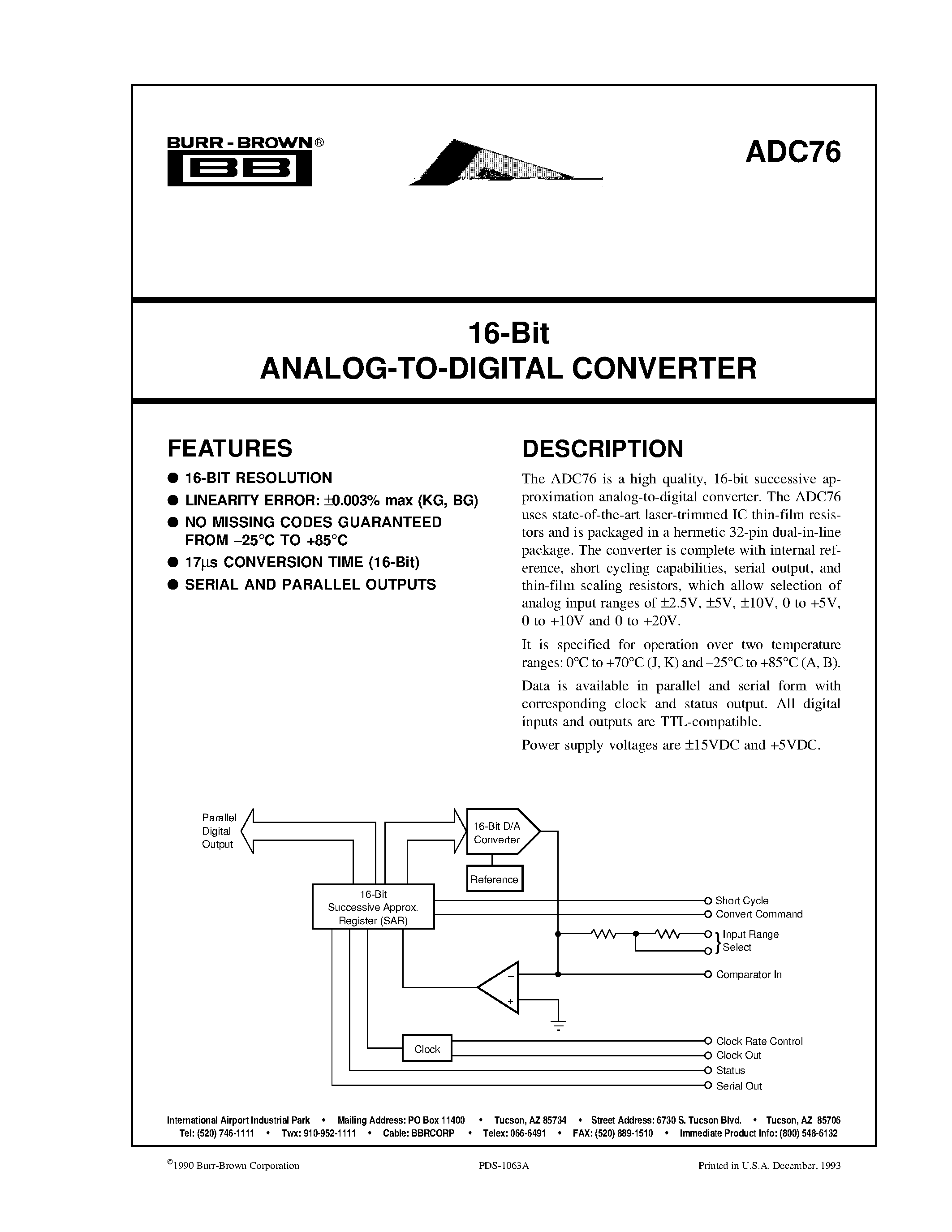 Datasheet ADC76A - 16-Bit ANALOG-TO-DIGITAL CONVERTER page 1