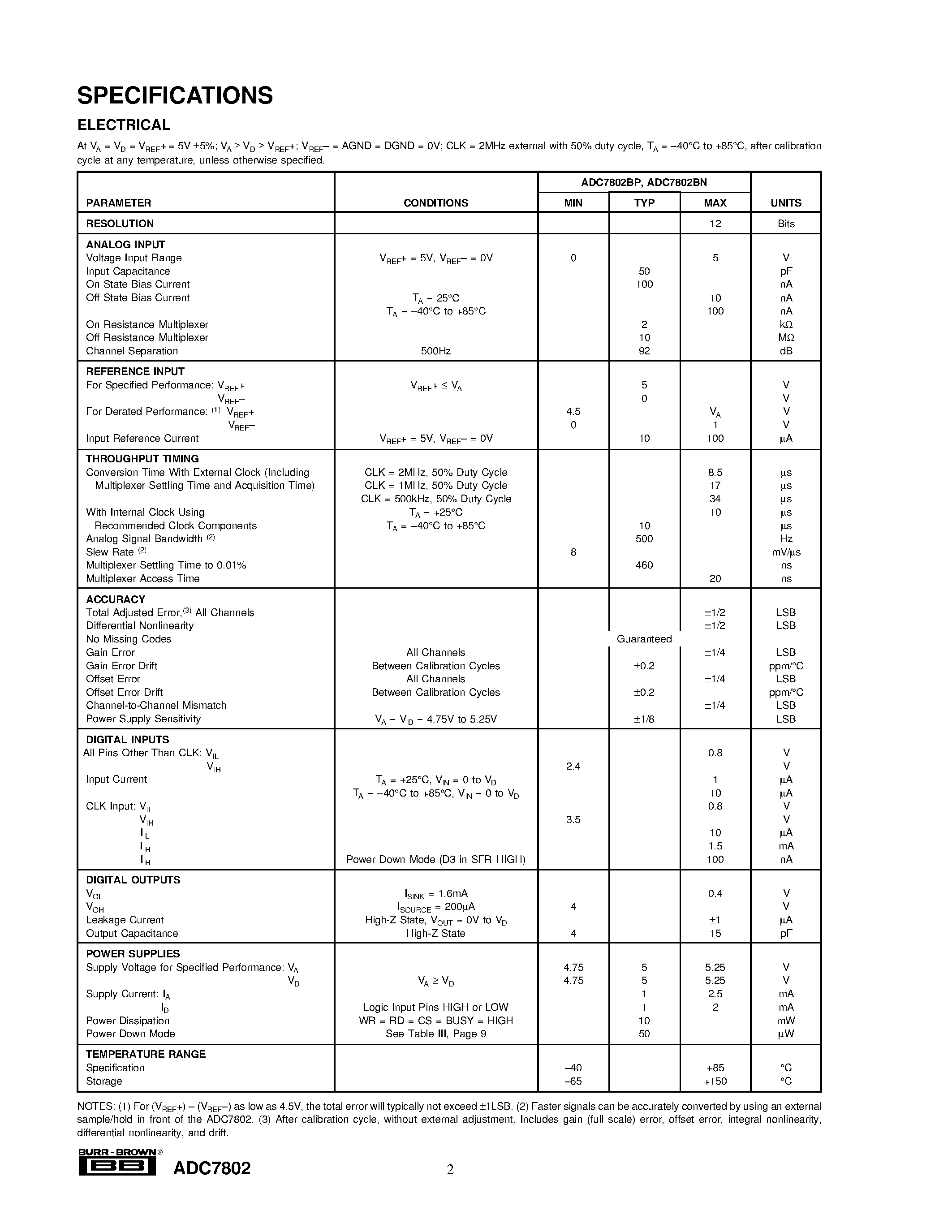 Datasheet ADC7802 - Autocalibrating/ 4-Channel/ 12-Bit ANALOG-TO-DIGITAL CONVERTER page 2