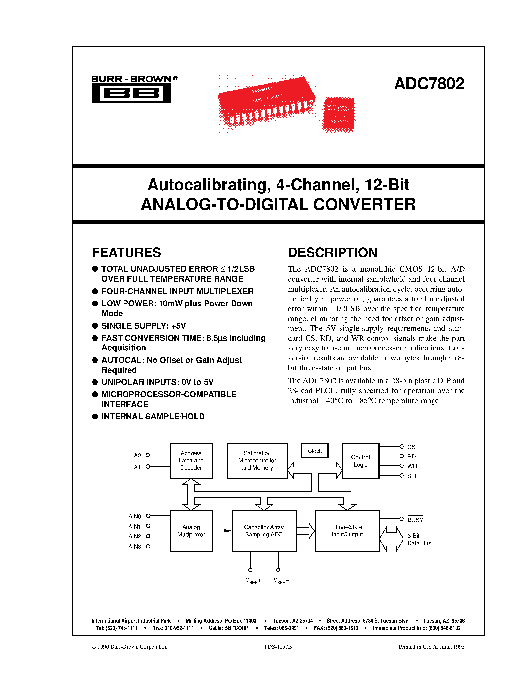 Datasheet ADC7802BN - Autocalibrating/ 4-Channel/ 12-Bit ANALOG-TO-DIGITAL CONVERTER page 1