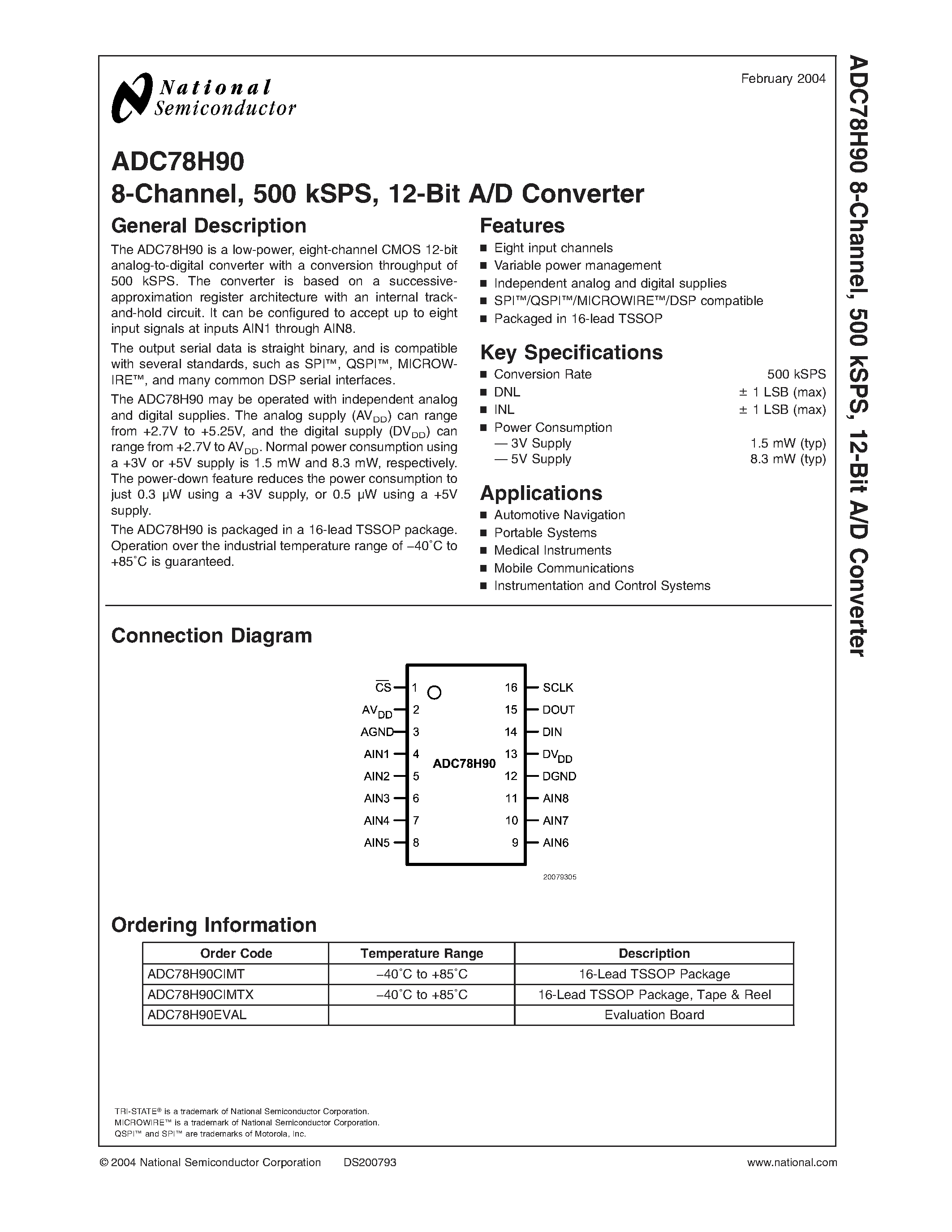 Datasheet ADC78H90CIMTX - 8-Channel/ 500 kSPS/ 12-Bit A/D Converter page 1