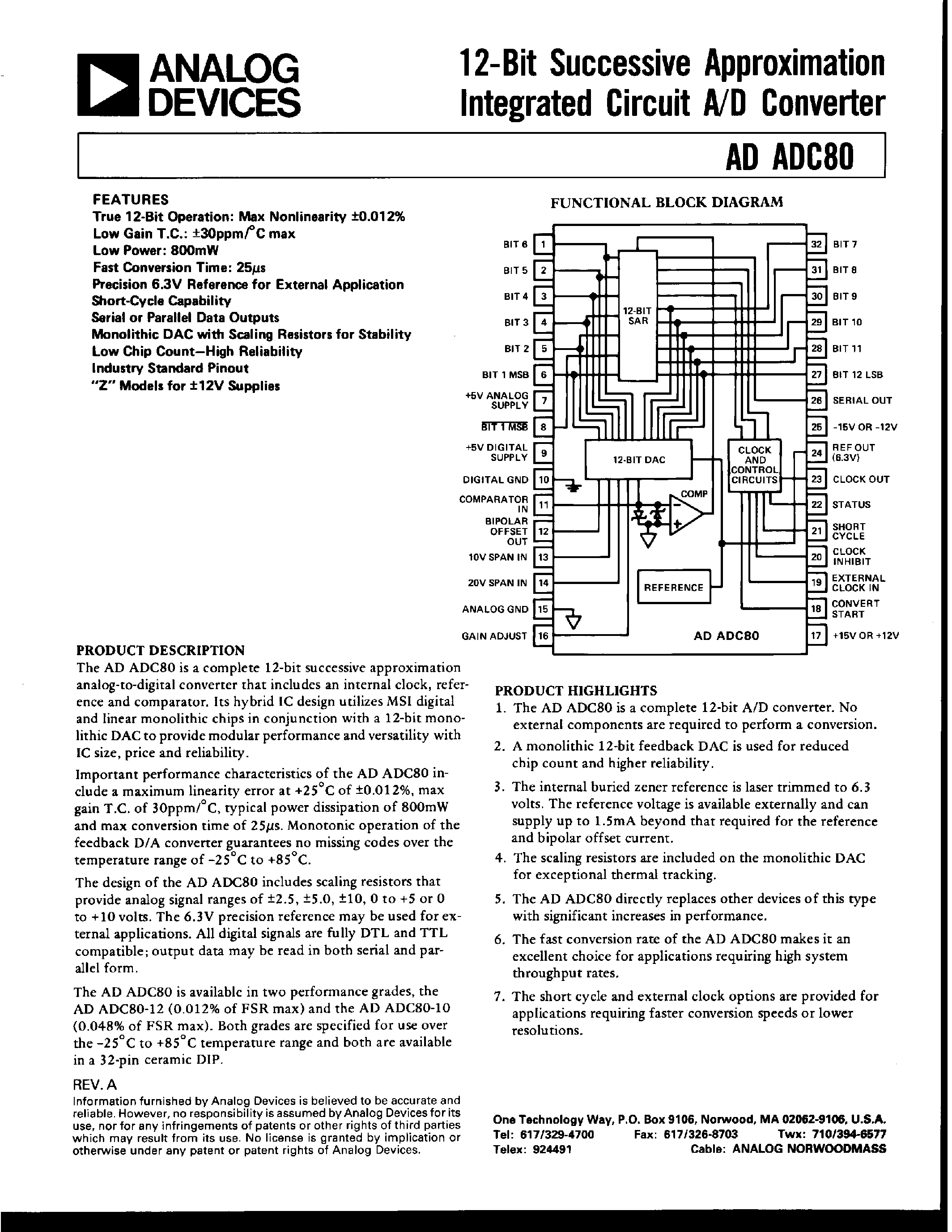 Datasheet ADC80 - 12-BIT SUCCESSIVE APPROXIMATION INTERATED CIRCUIT A/D CONVERTER page 1