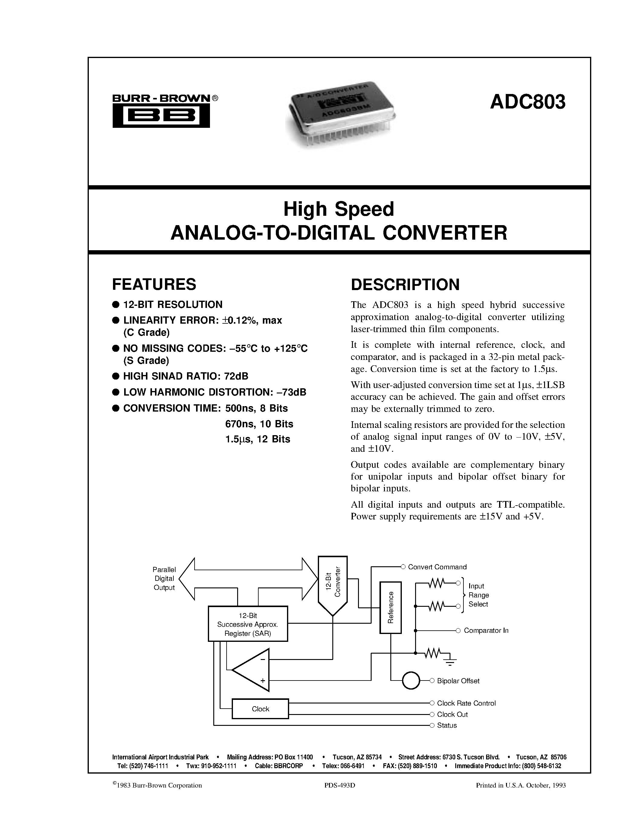 Datasheet ADC803 - High Speed ANALOG-TO-DIGITAL CONVERTER page 1