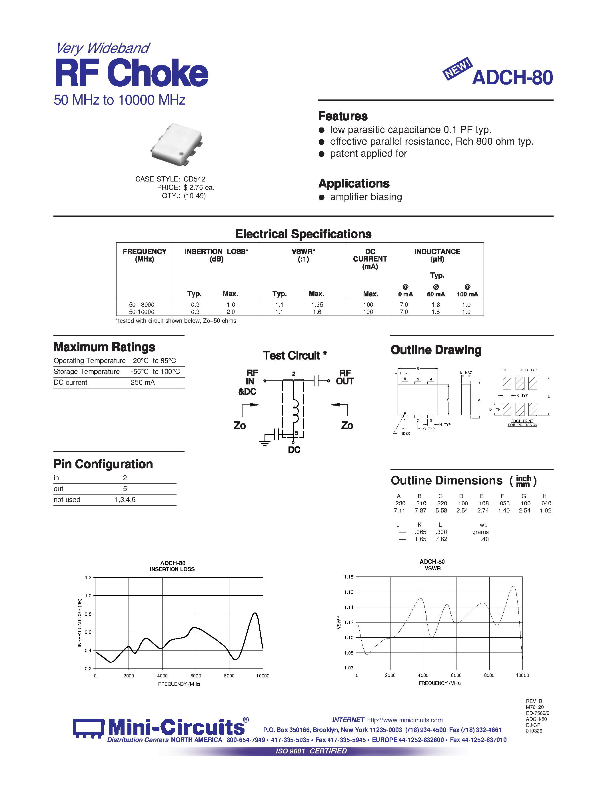 Datasheet ADCH-80 - RF Choke 50 MHz to 10000 MHz page 1