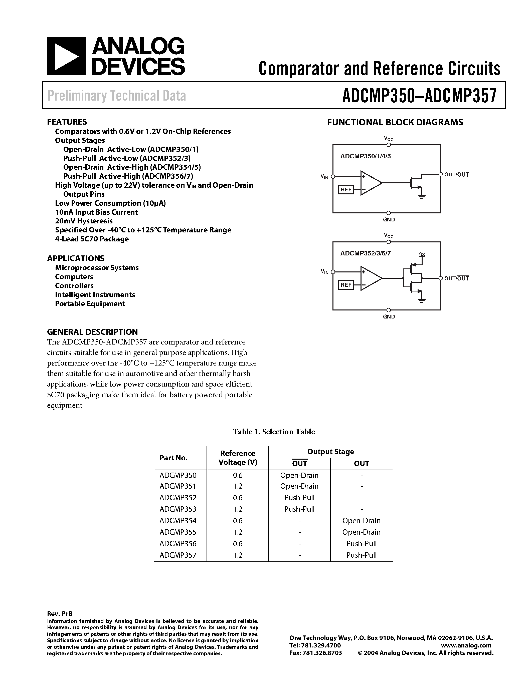 Datasheet ADCMP351 - Comparator and Reference Circuits page 1