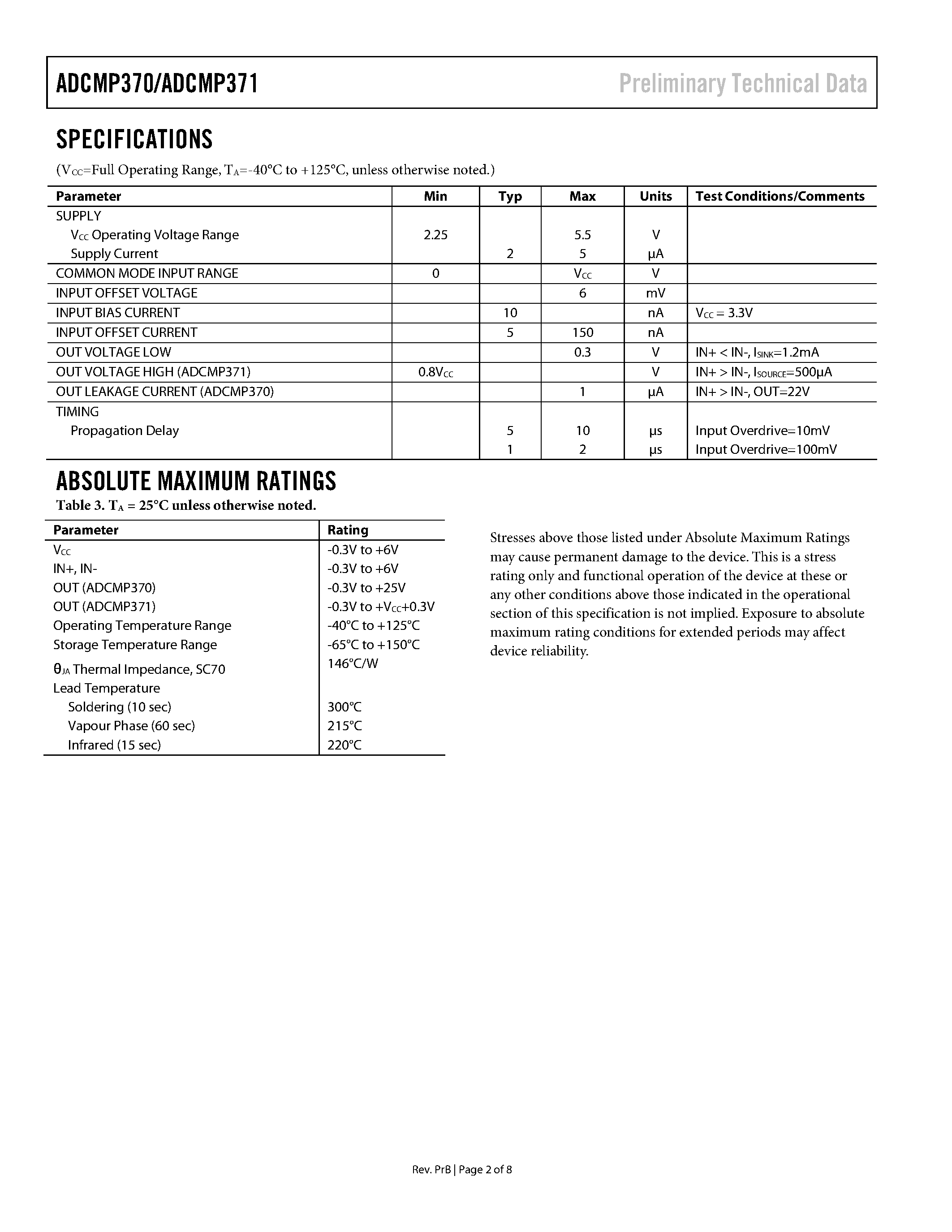 Datasheet ADCMP370 - General Purpose Comparators page 2