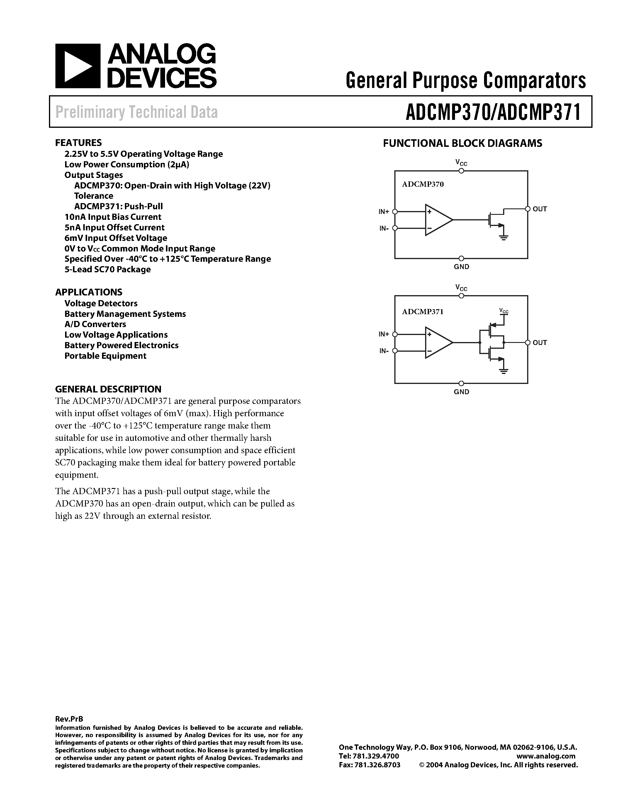 Datasheet ADCMP370AKS-RL - General Purpose Comparators page 1