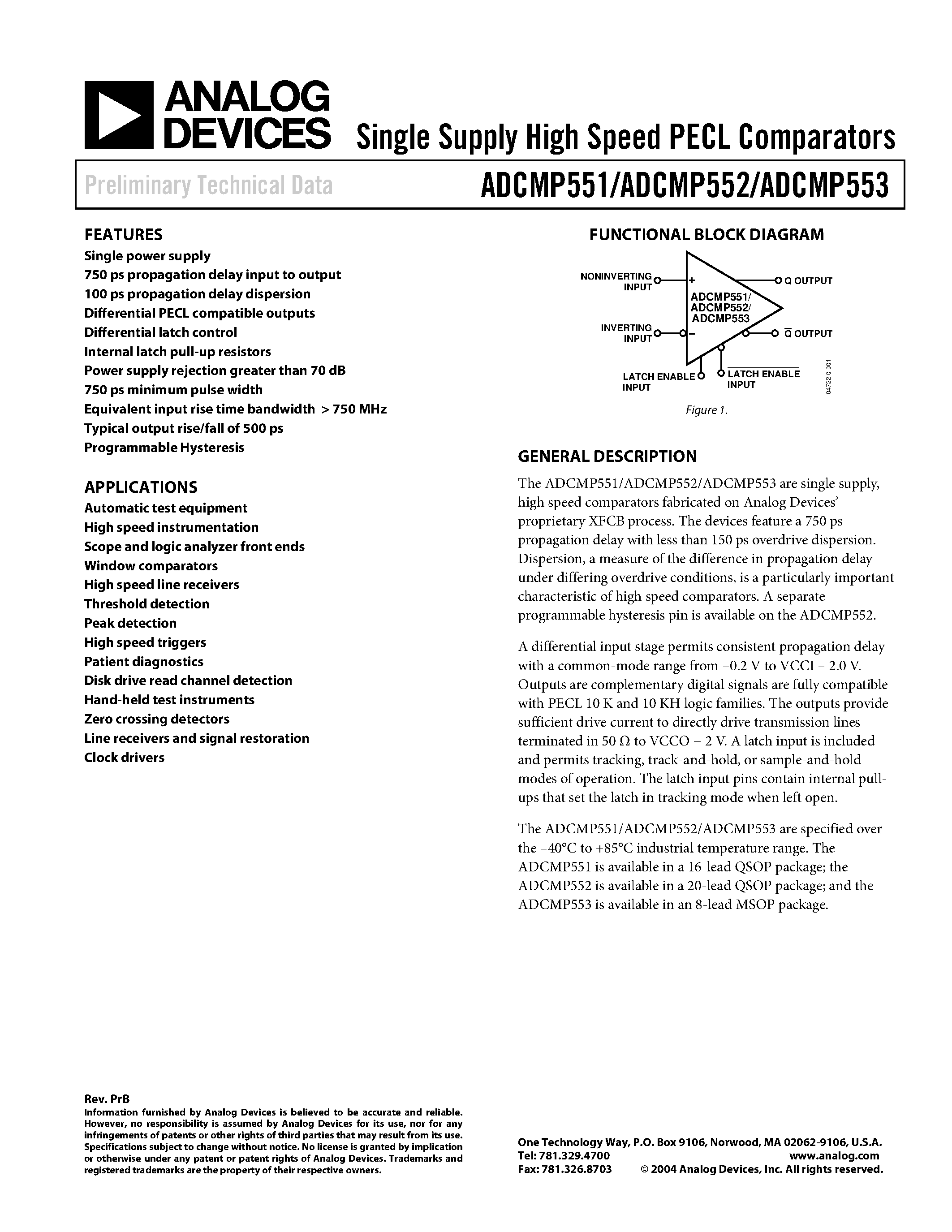 Datasheet ADCMP551BRQ - Single Supply High Speed PECL Comparators page 1