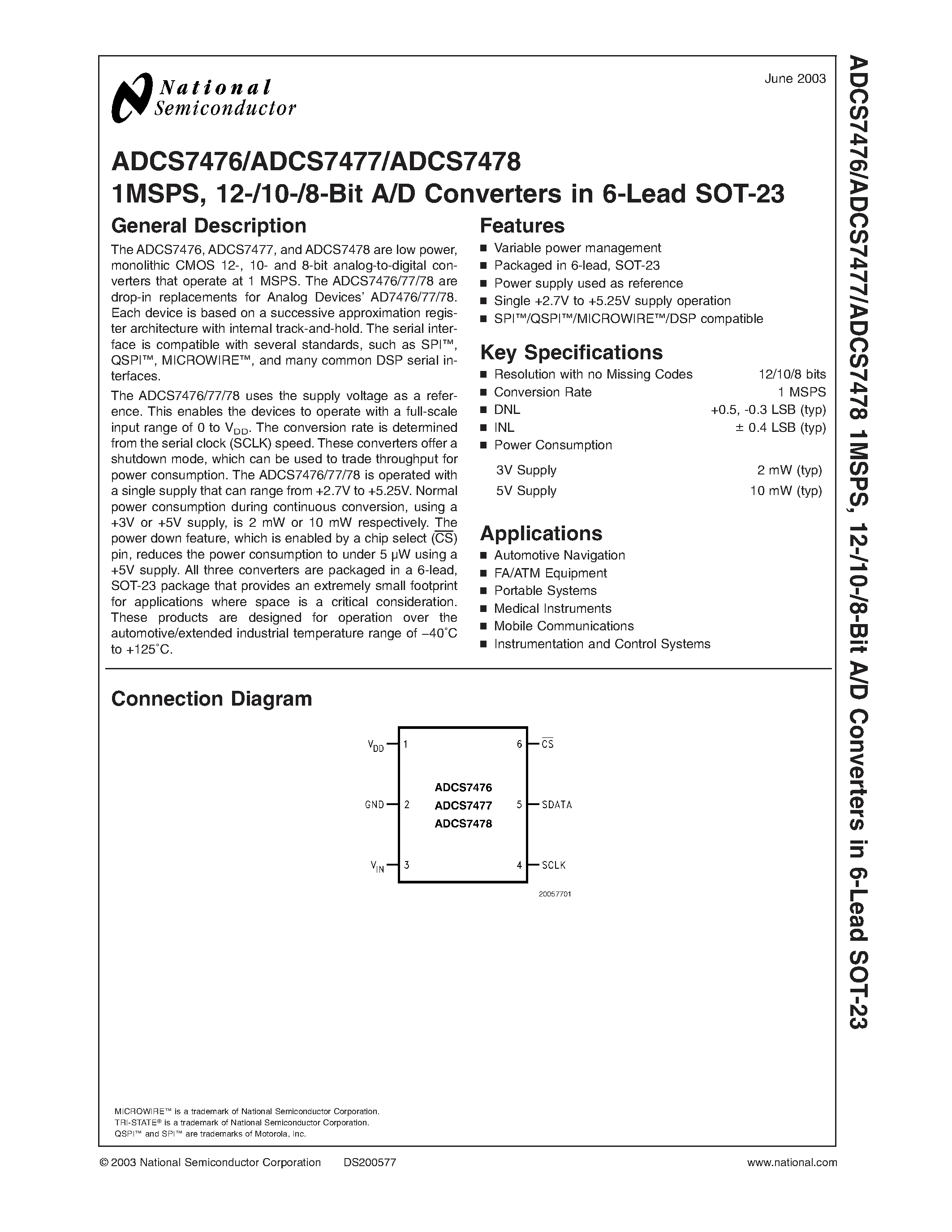 Datasheet ADCS7478 - 1MSPS/ 12-/10-/8-Bit A/D Converters in 6-Lead SOT-23 page 1