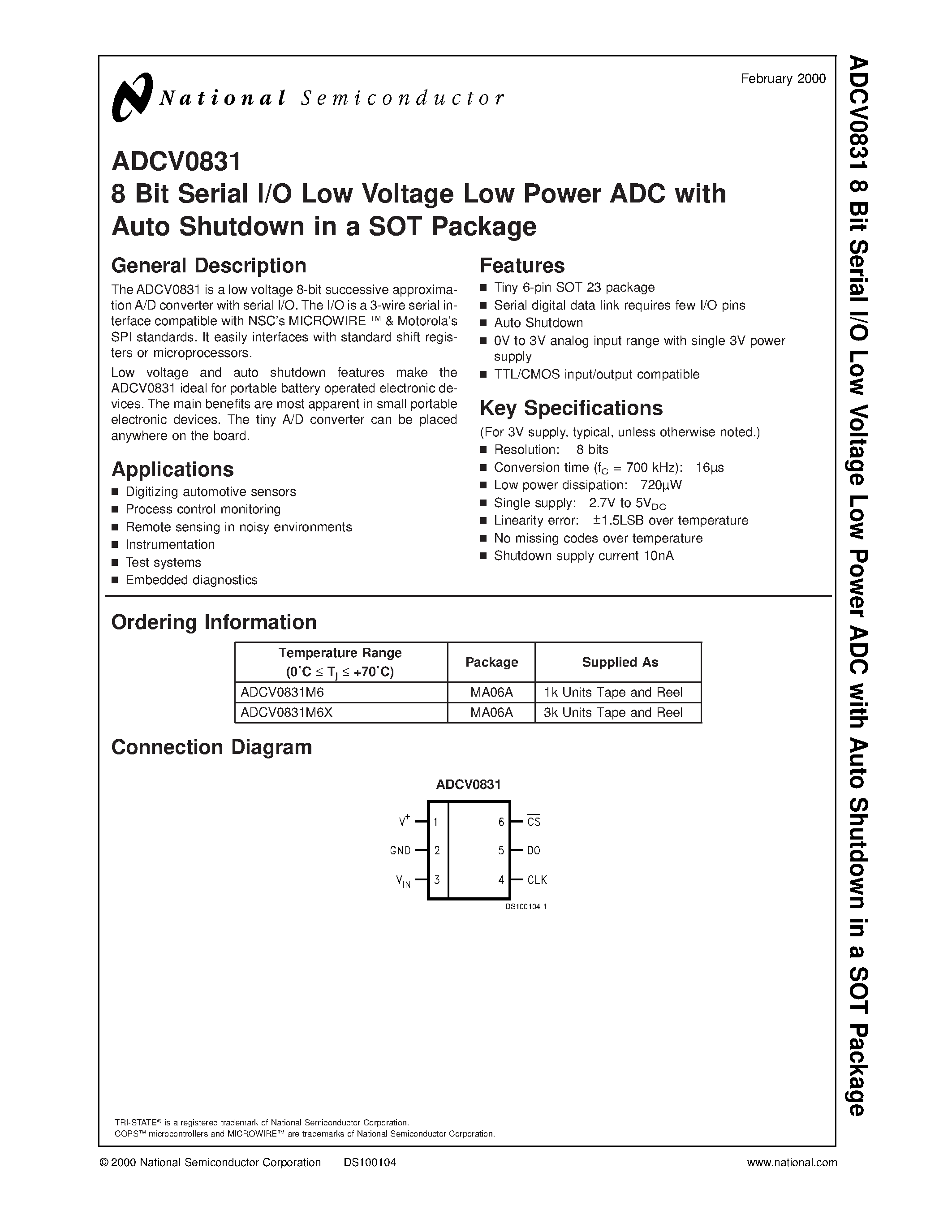 Даташит на микросхему ADCV0831M6 страница 1 Даташит ADCV0831M6 - 8 Bit Serial I/O Low Voltage Low Power ADC with Auto Shutdown in a SOT Package страница 1