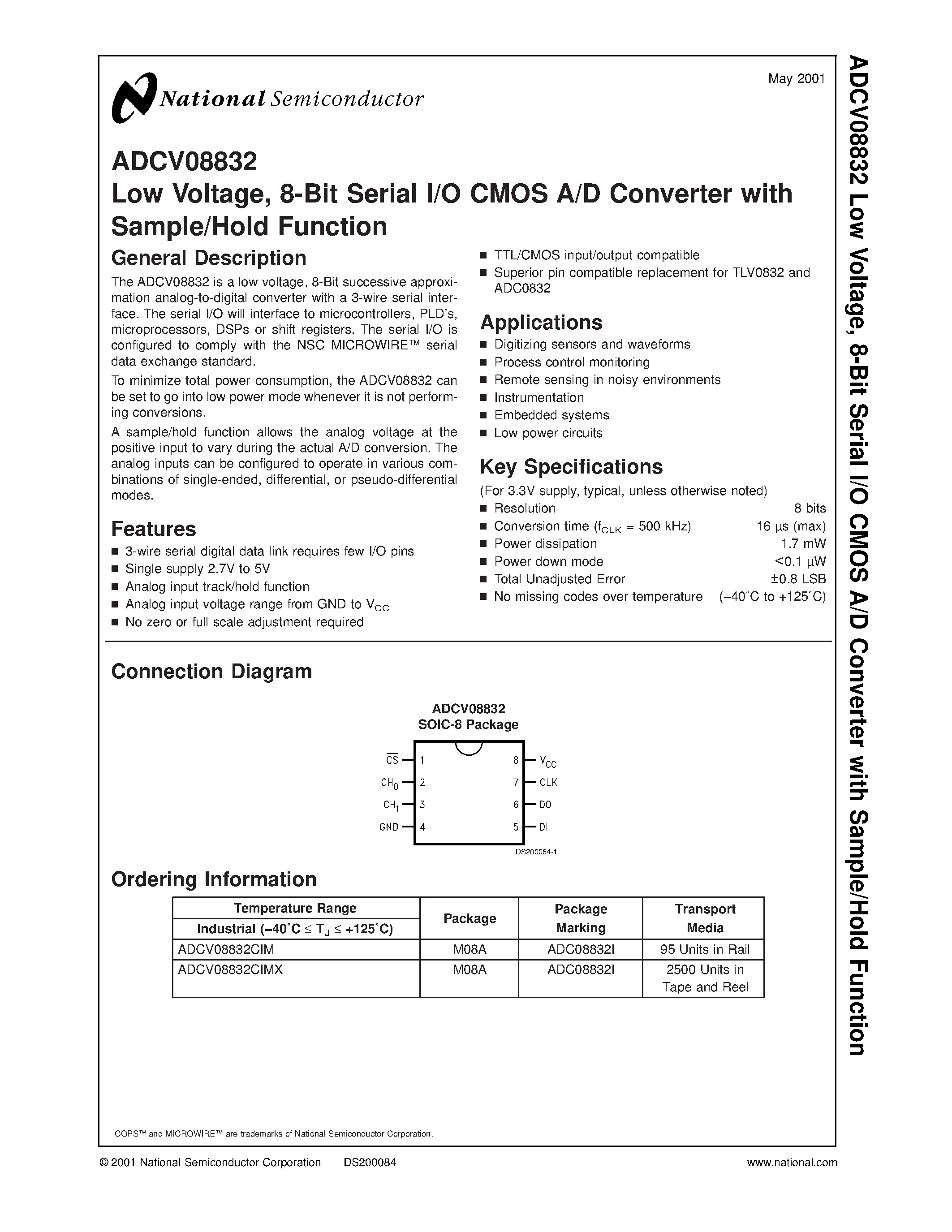 Даташит ADCV08832CIM - Low Voltage/ 8-Bit Serial I/O CMOS A/D Converter with Sample/Hold Function страница 1