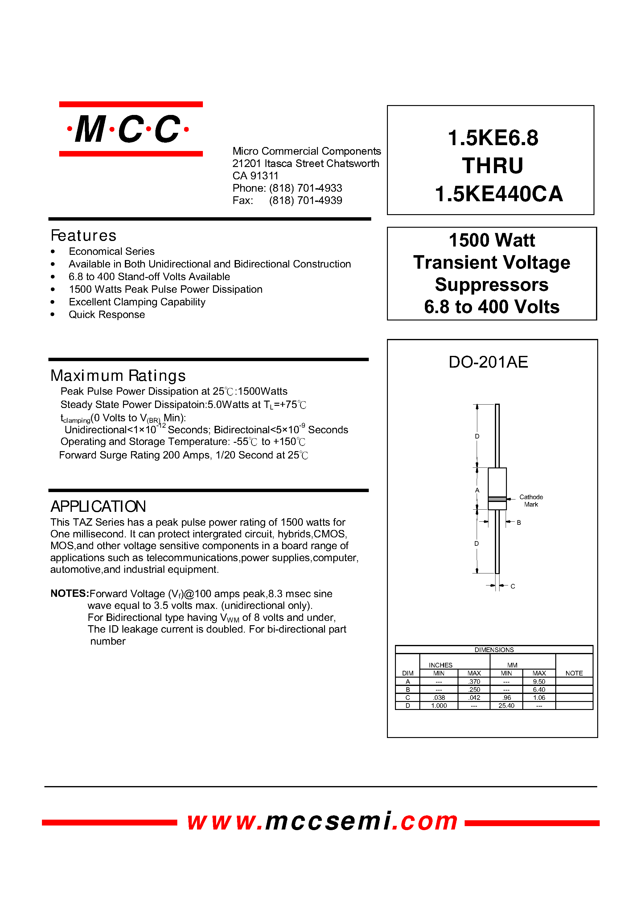 Datasheet 1.5KE15 - 1500 Watt Transient Voltage Suppressors 6.8 to 400 Volts page 1